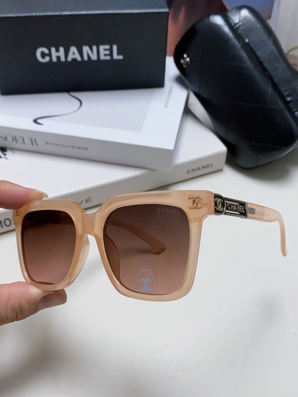 CHANEL SQUARE SUNGLASSES 632877 IN PINK CLEAR ACETATE