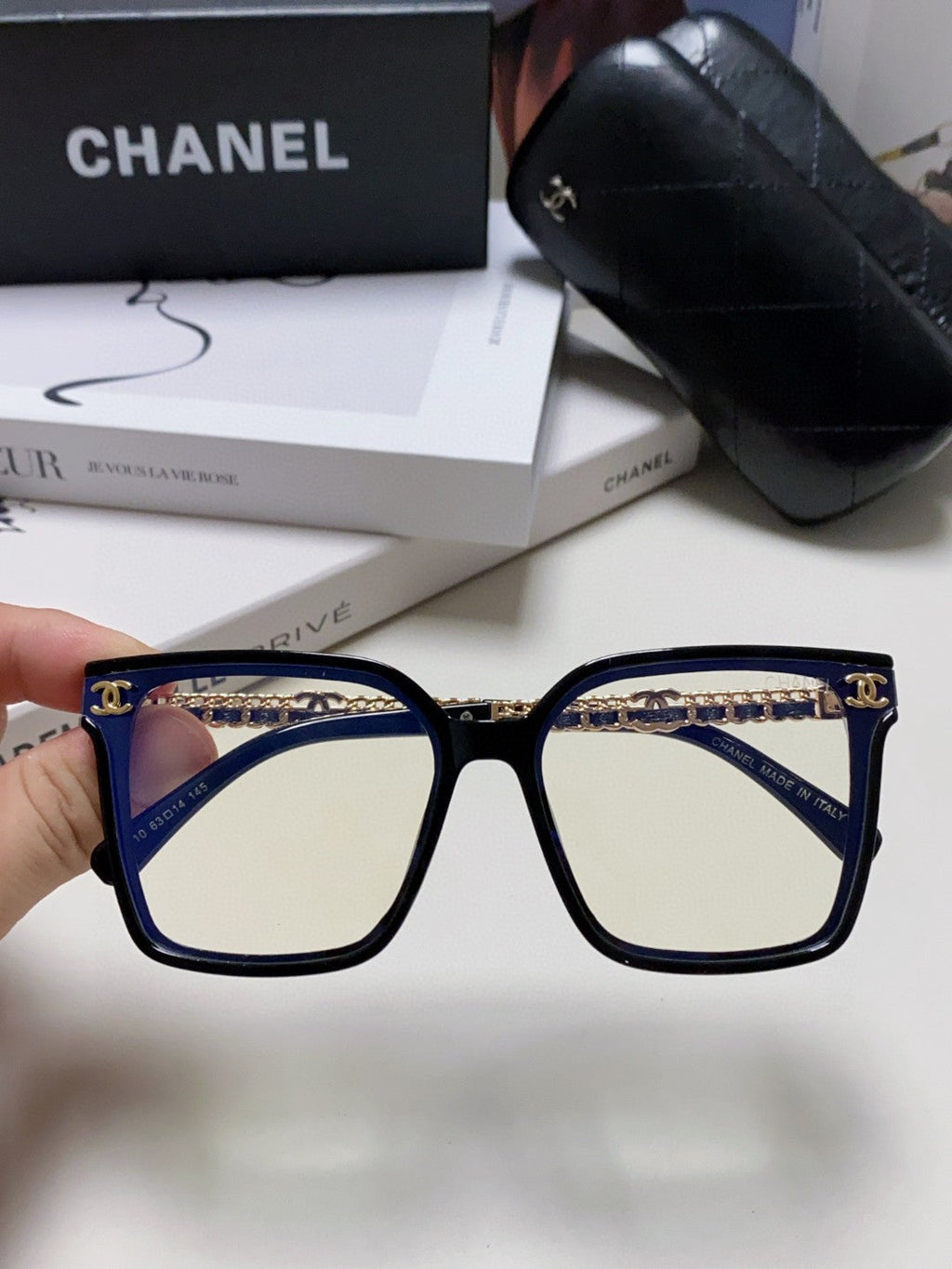 CHANEL SQUARE SUNGLASSES 632882 IN BLACK ACETATE CLEAR LENSES