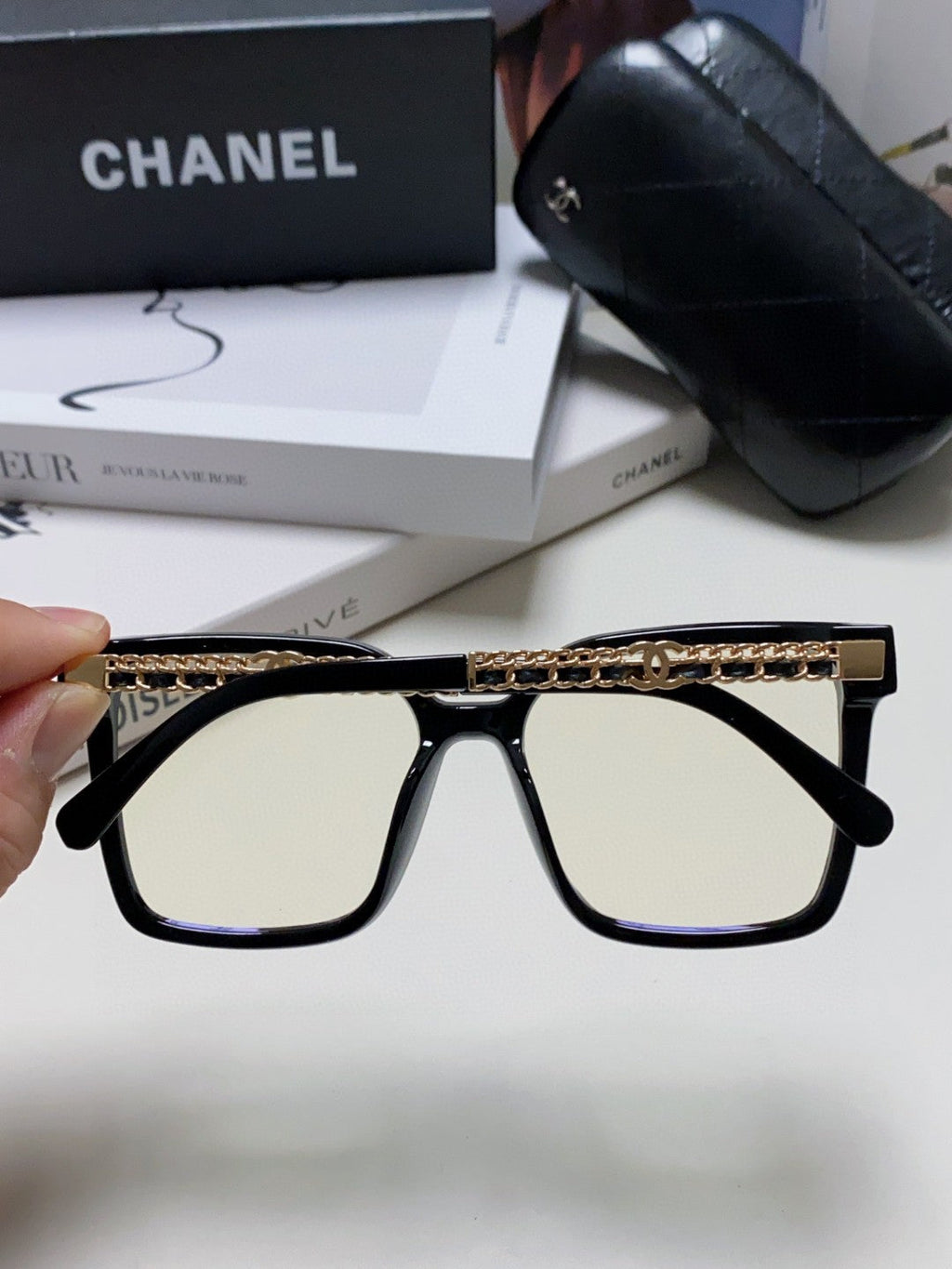 CHANEL SQUARE SUNGLASSES 632882 IN BLACK ACETATE CLEAR LENSES