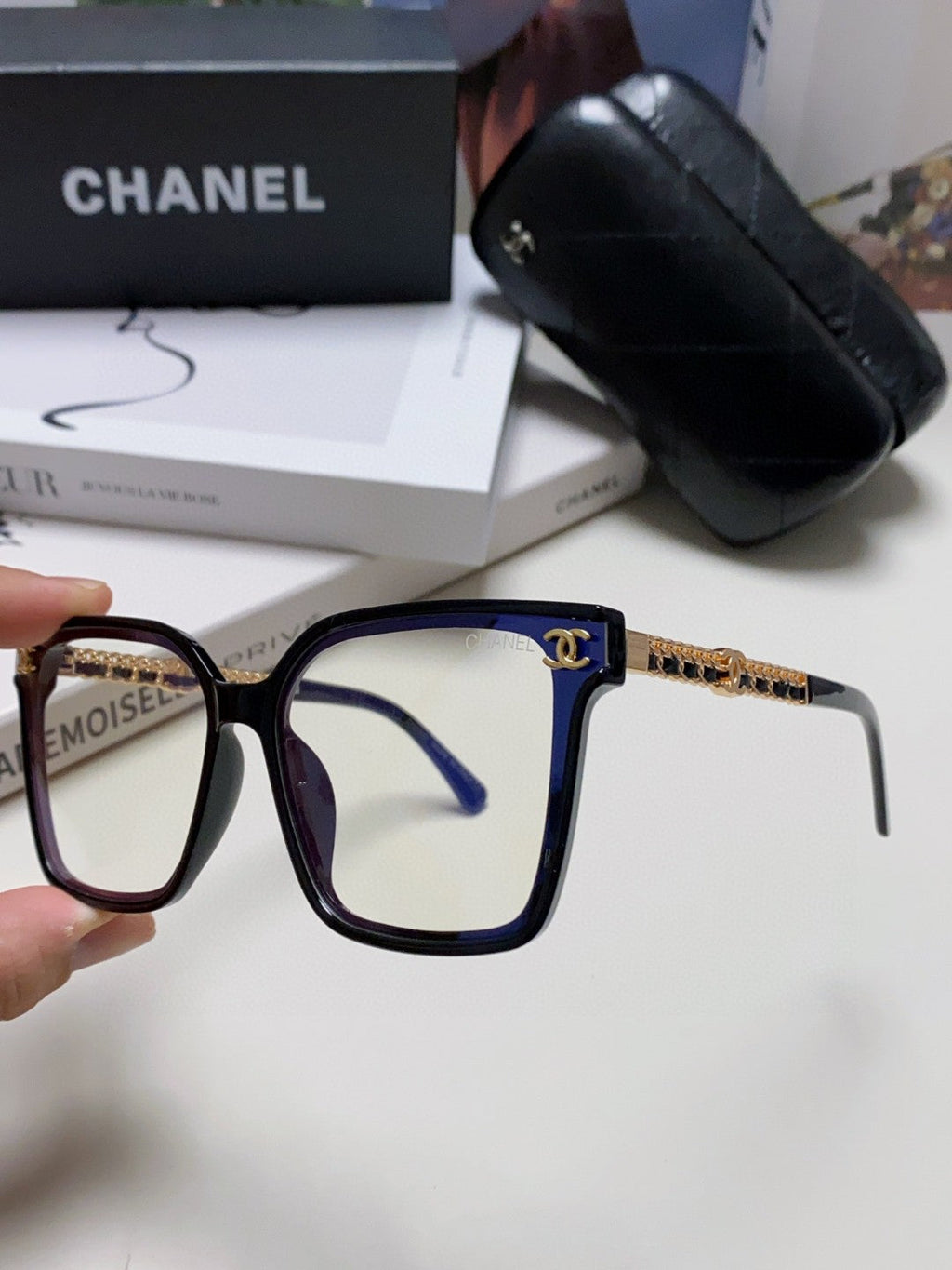 CHANEL SQUARE SUNGLASSES 632882 IN BLACK ACETATE CLEAR LENSES