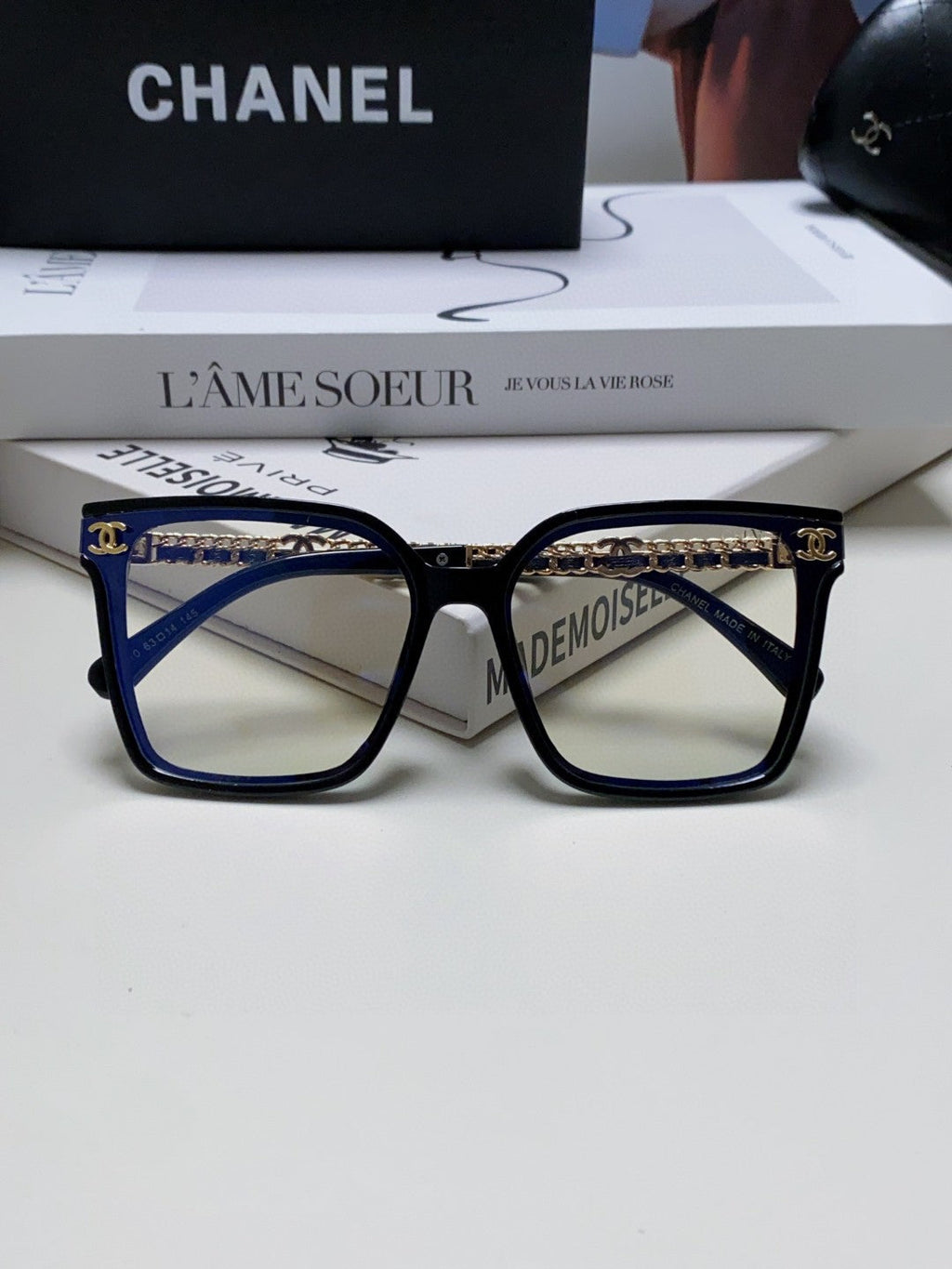 CHANEL SQUARE SUNGLASSES 632882 IN BLACK ACETATE CLEAR LENSES