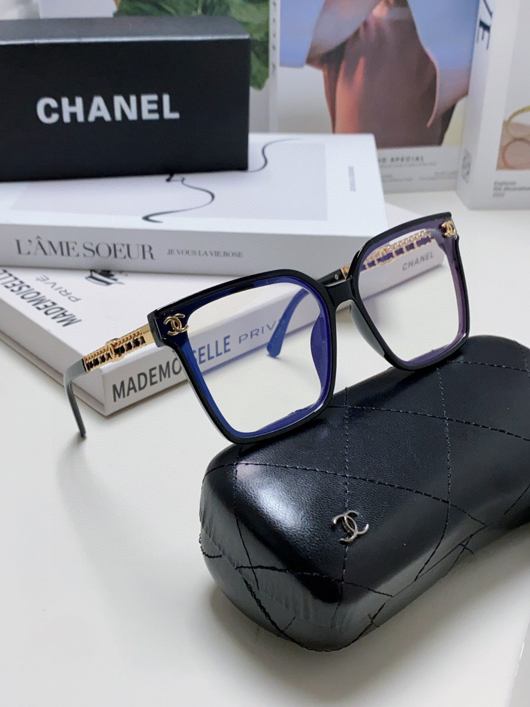 CHANEL SQUARE SUNGLASSES 632882 IN BLACK ACETATE CLEAR LENSES