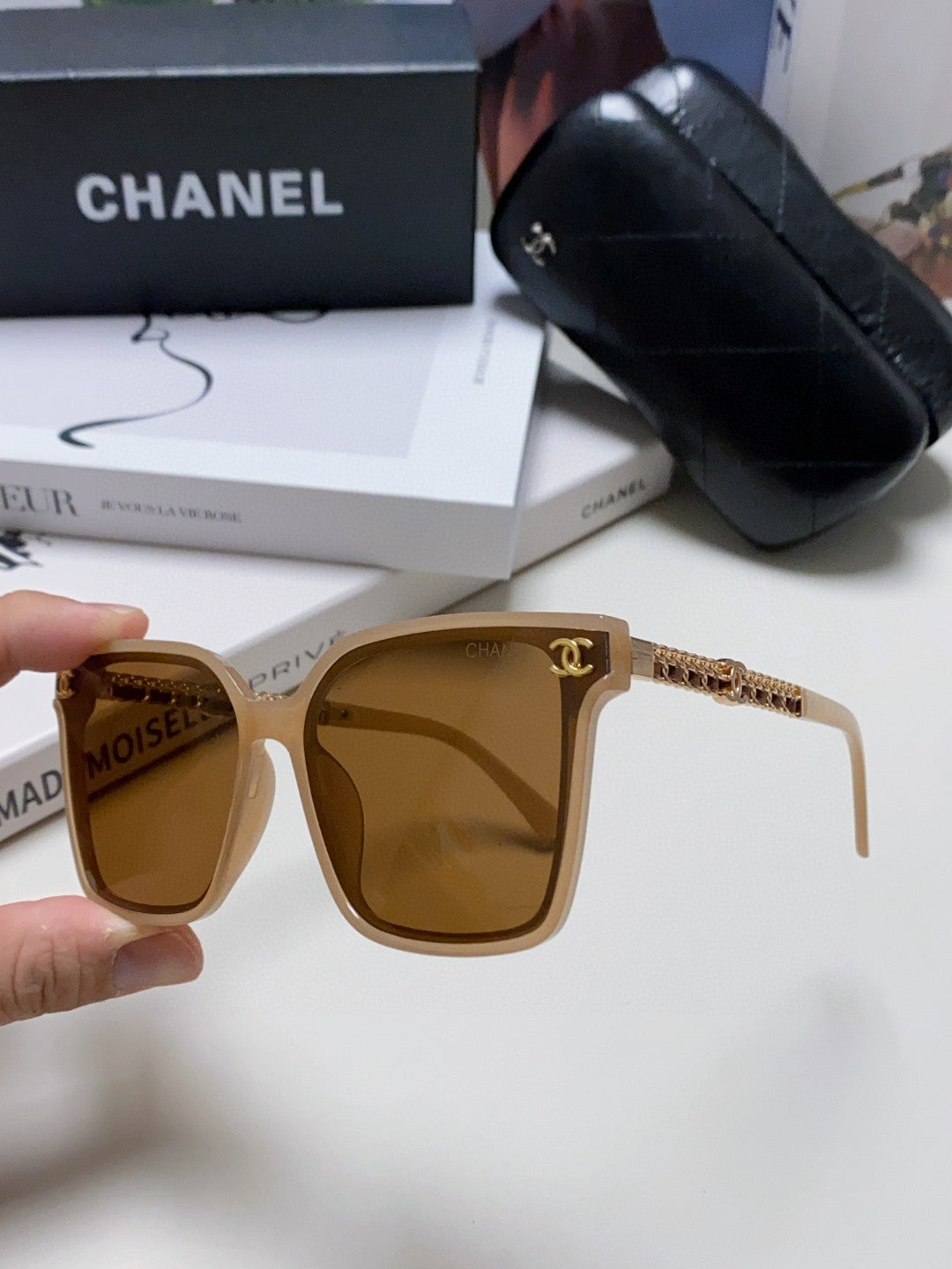 CHANEL SQUARE SUNGLASSES 632884 IN BEIGE CLEAR ACETATE