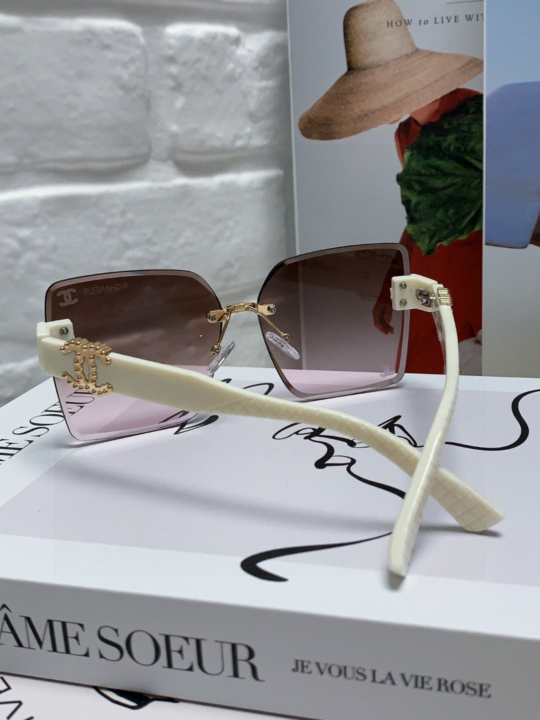 CHANEL SQUARE SUNGLASSES 632891 IN WHITE ACETATE BROWN LENSES