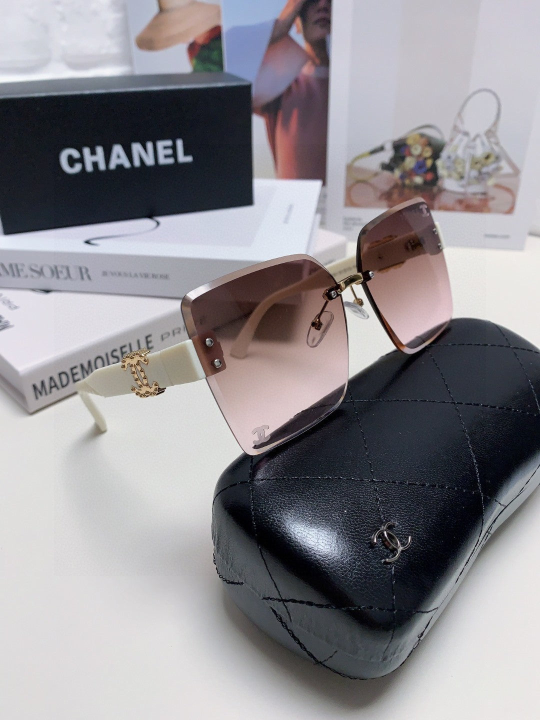 CHANEL SQUARE SUNGLASSES 632891 IN WHITE ACETATE BROWN LENSES