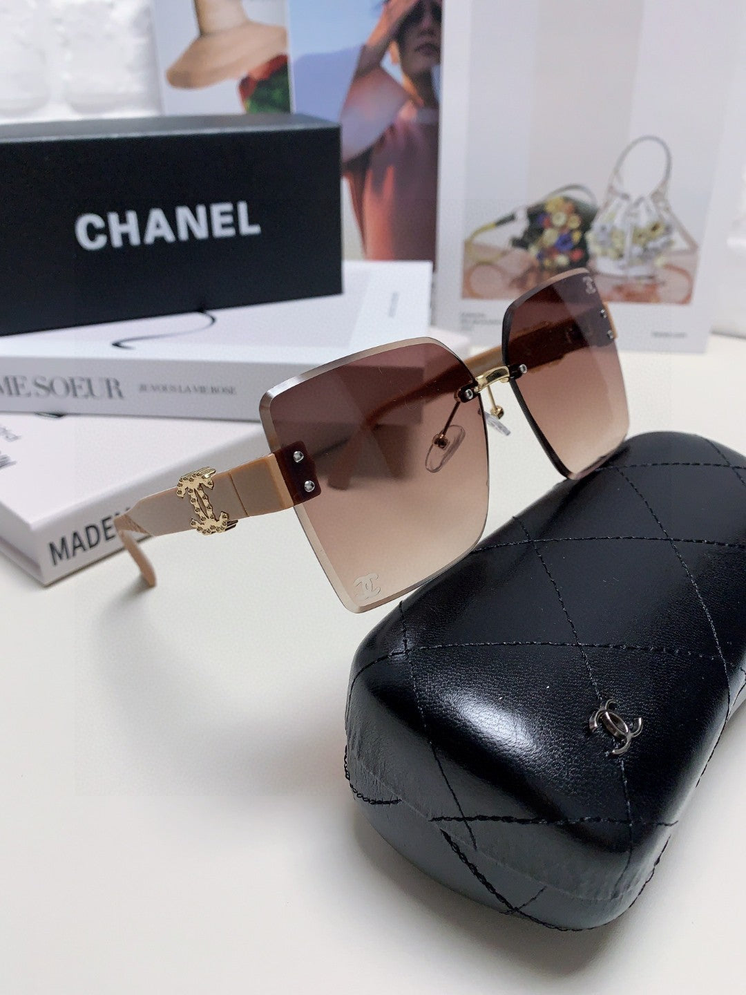 CHANEL SQUARE SUNGLASSES 632892 IN BEIGE ACETATE BROWN SMOKE LENSES