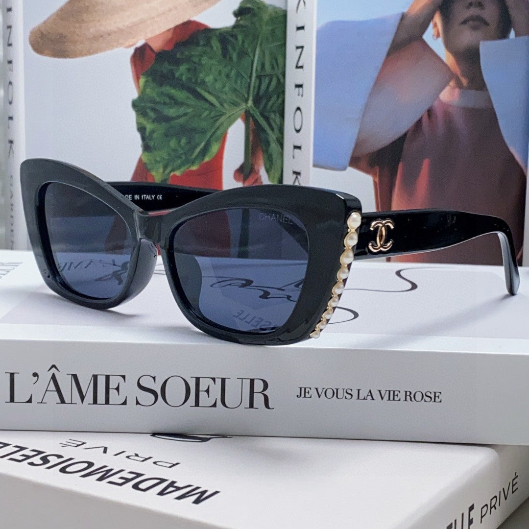 CHANEL CAT EYE SUNGLASSES 632701 IN BLACK ACETATE EMBOSSED PEARL