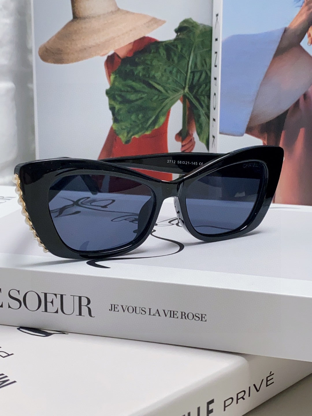 CHANEL CAT EYE SUNGLASSES 632701 IN BLACK ACETATE EMBOSSED PEARL