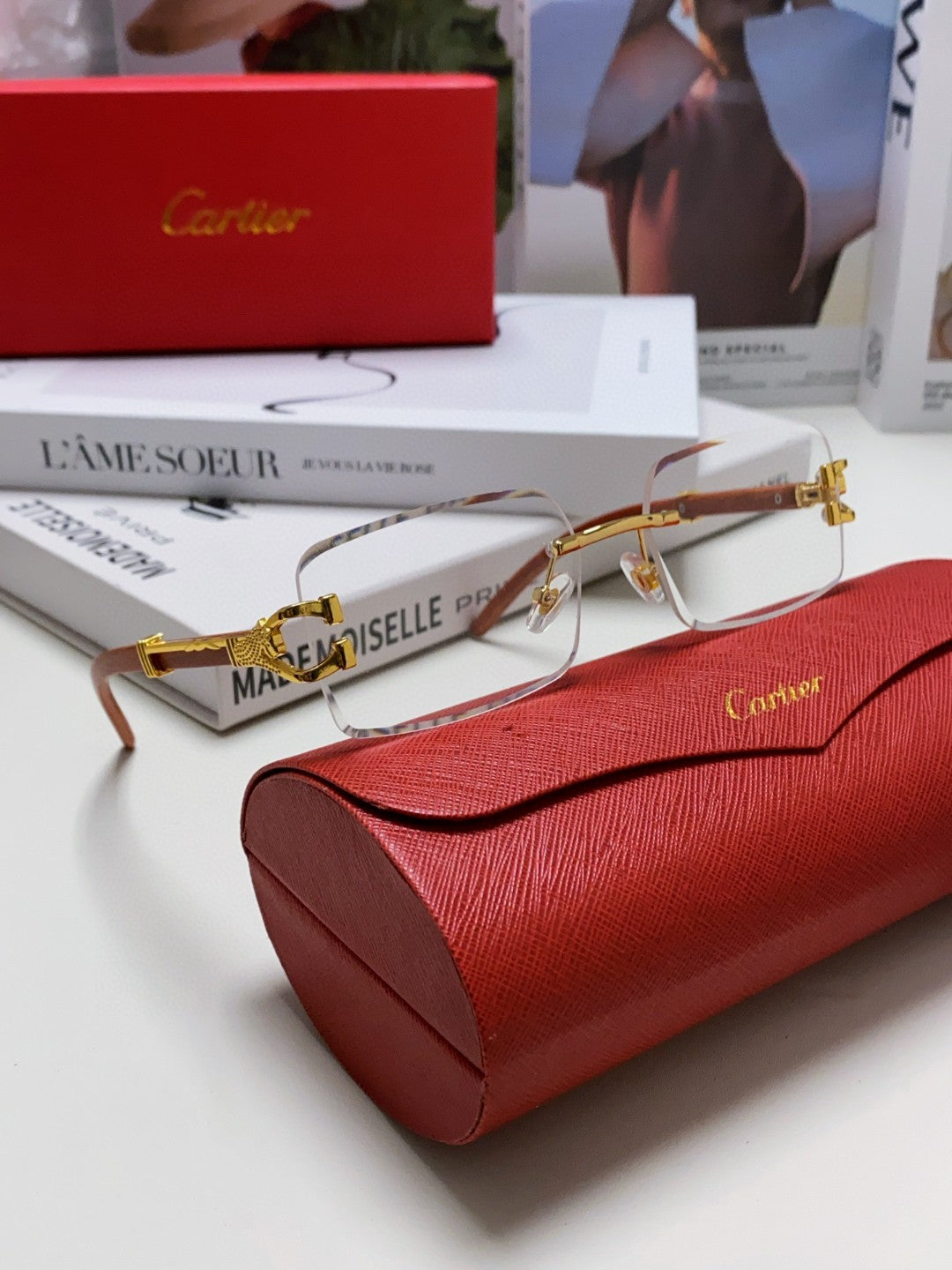 CARTIER PANTHÈRE RECTANGULAR FRAME SUNGLASSES 555891 IN METAL AND WOODEN