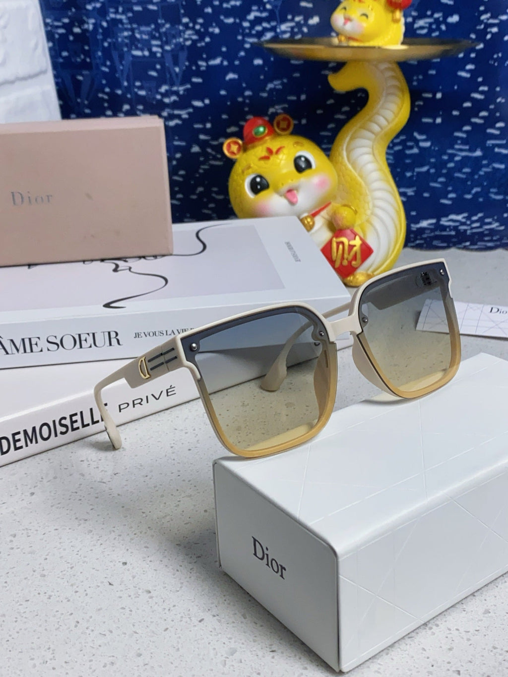 DIOR MONTAIGNE SUNGLASSES 560858 IN IVORY ACETATE GREY YELLOW SMOKE LENSES