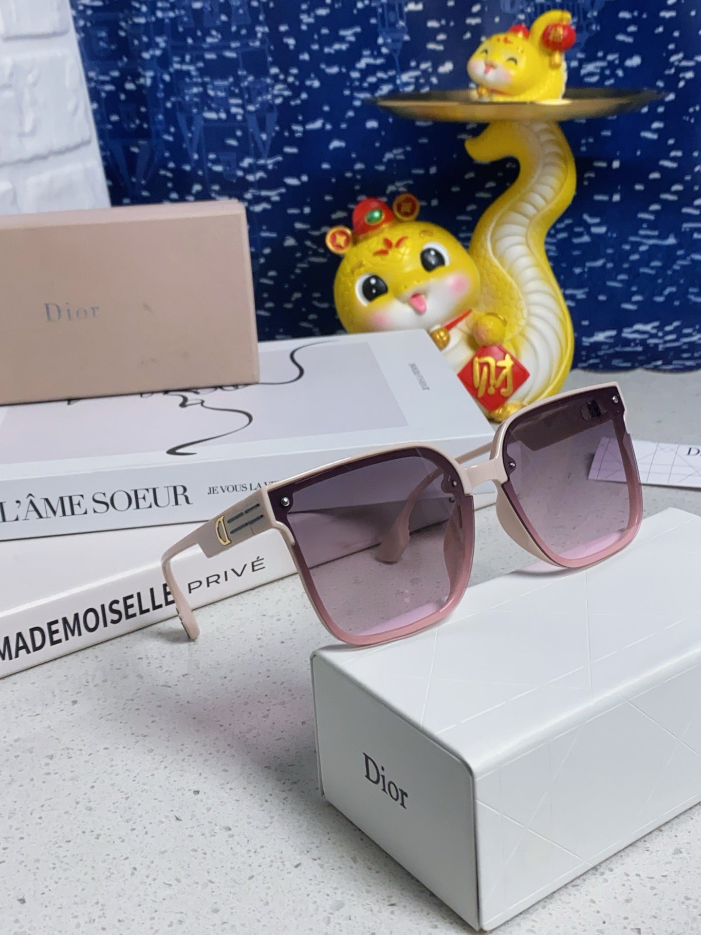 DIOR MONTAIGNE SUNGLASSES 560859 IN BEIGE ACETATE PINK SMOKE LENSES