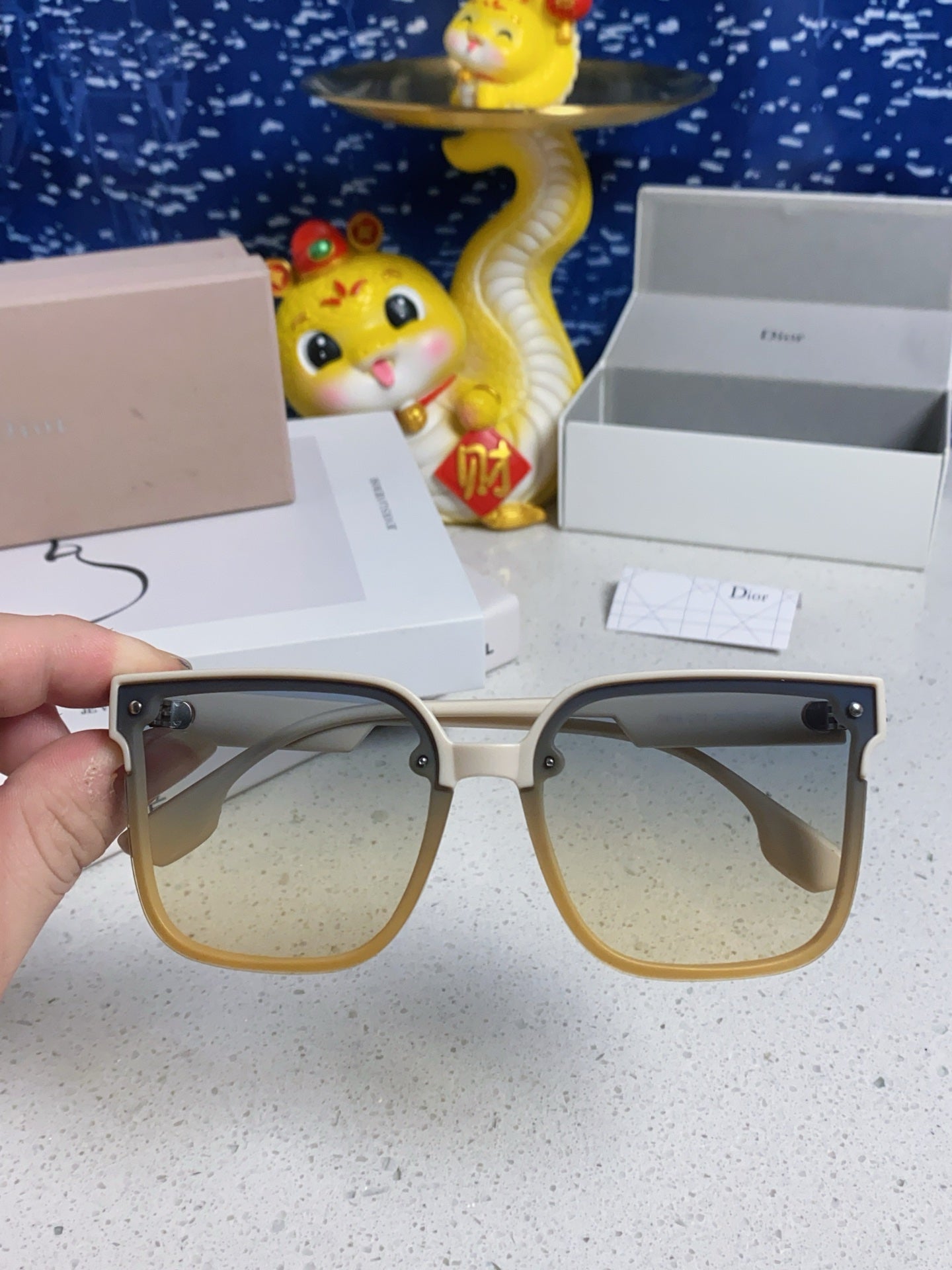DIOR MONTAIGNE SUNGLASSES 560858 IN IVORY ACETATE GREY YELLOW SMOKE LENSES