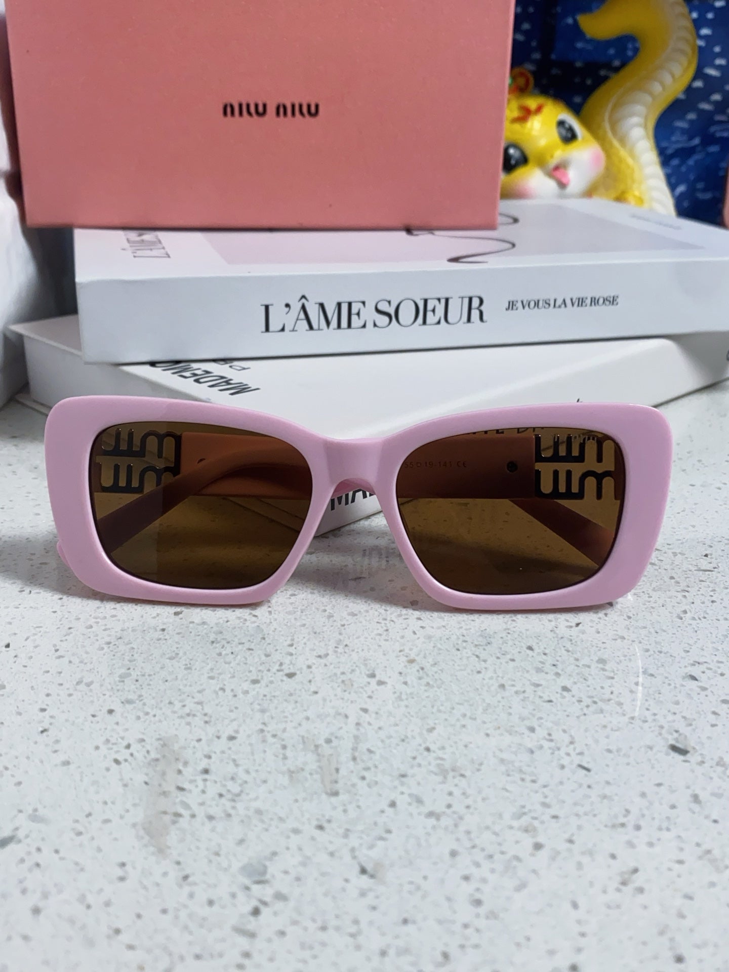 MIU MIU GLIMPSE SUNGLASSES 558345 IN PINK ACETATE GOLD EMBOSSED LOGO