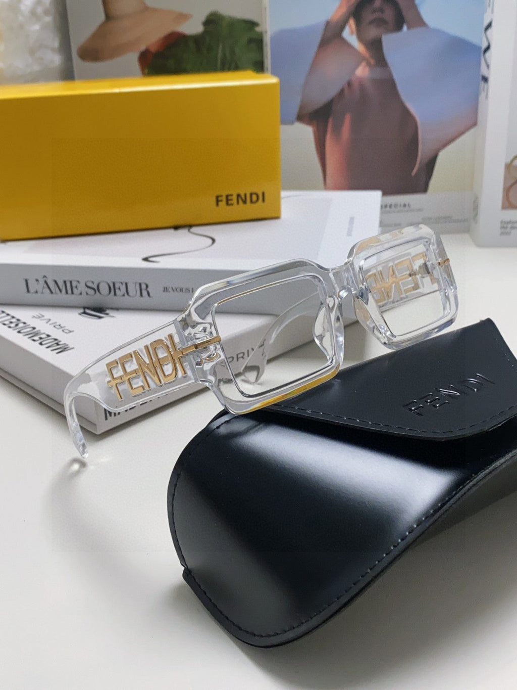 FENDI EMBOSSED LOGO DIAGONAL RECTANGULAR SUNGLASSES 563312 IN ACETATE