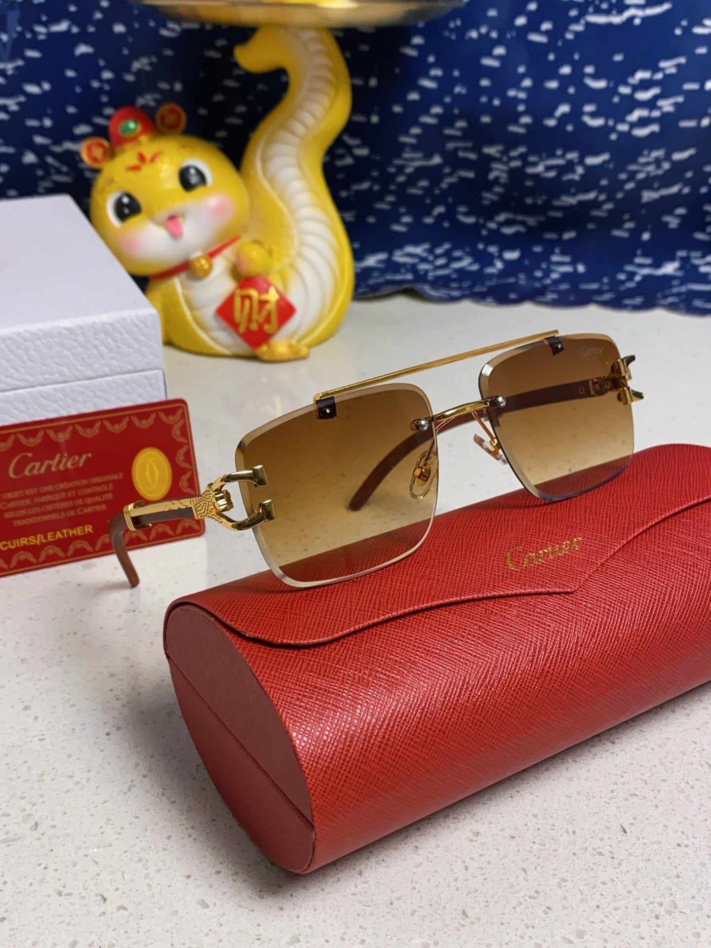 CARTIER SQUARE FRAME SUNGLASSES 522656 IN METAL AND WOODEN