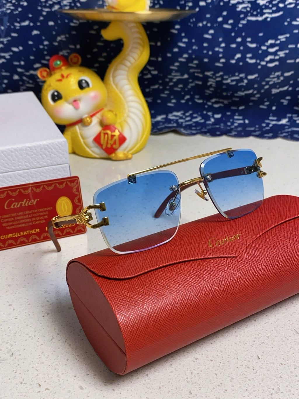 CARTIER SQUARE FRAME SUNGLASSES 522656 IN METAL AND WOODEN