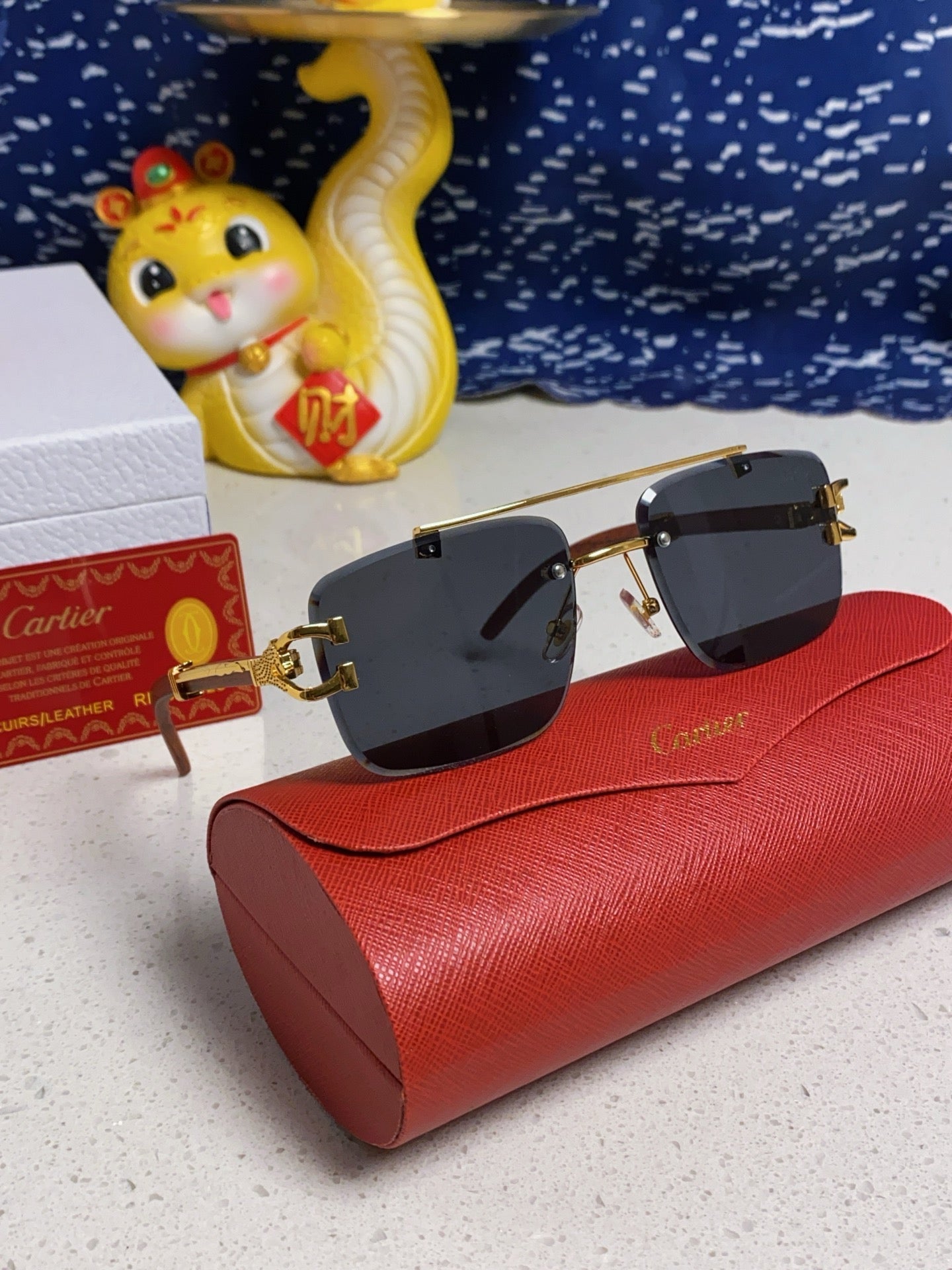CARTIER SQUARE FRAME SUNGLASSES 522656 IN METAL AND WOODEN