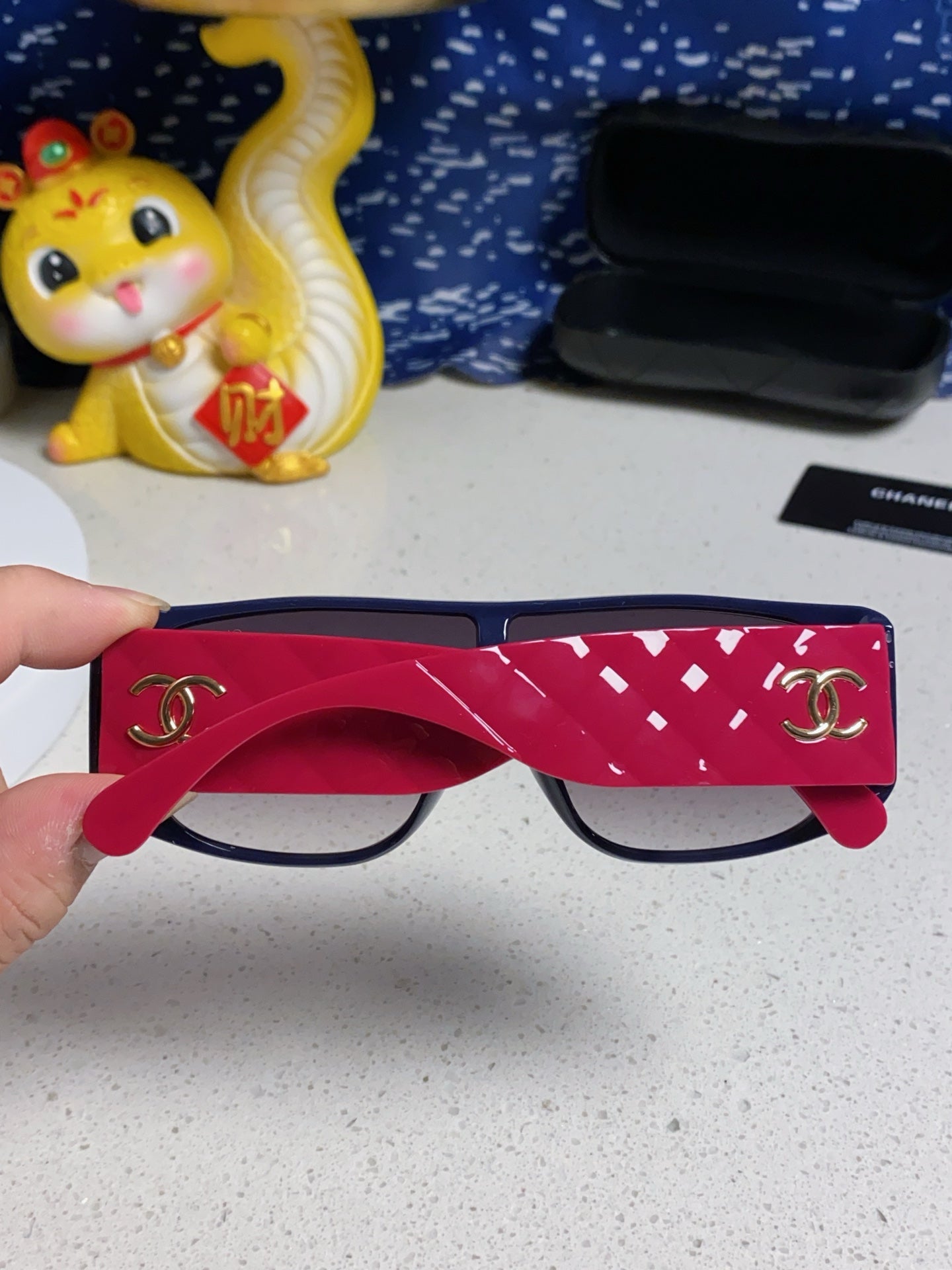 CHANEL SQUARE SUNGLASSES 641780 IN BLUE ACETATE PINK FRAME