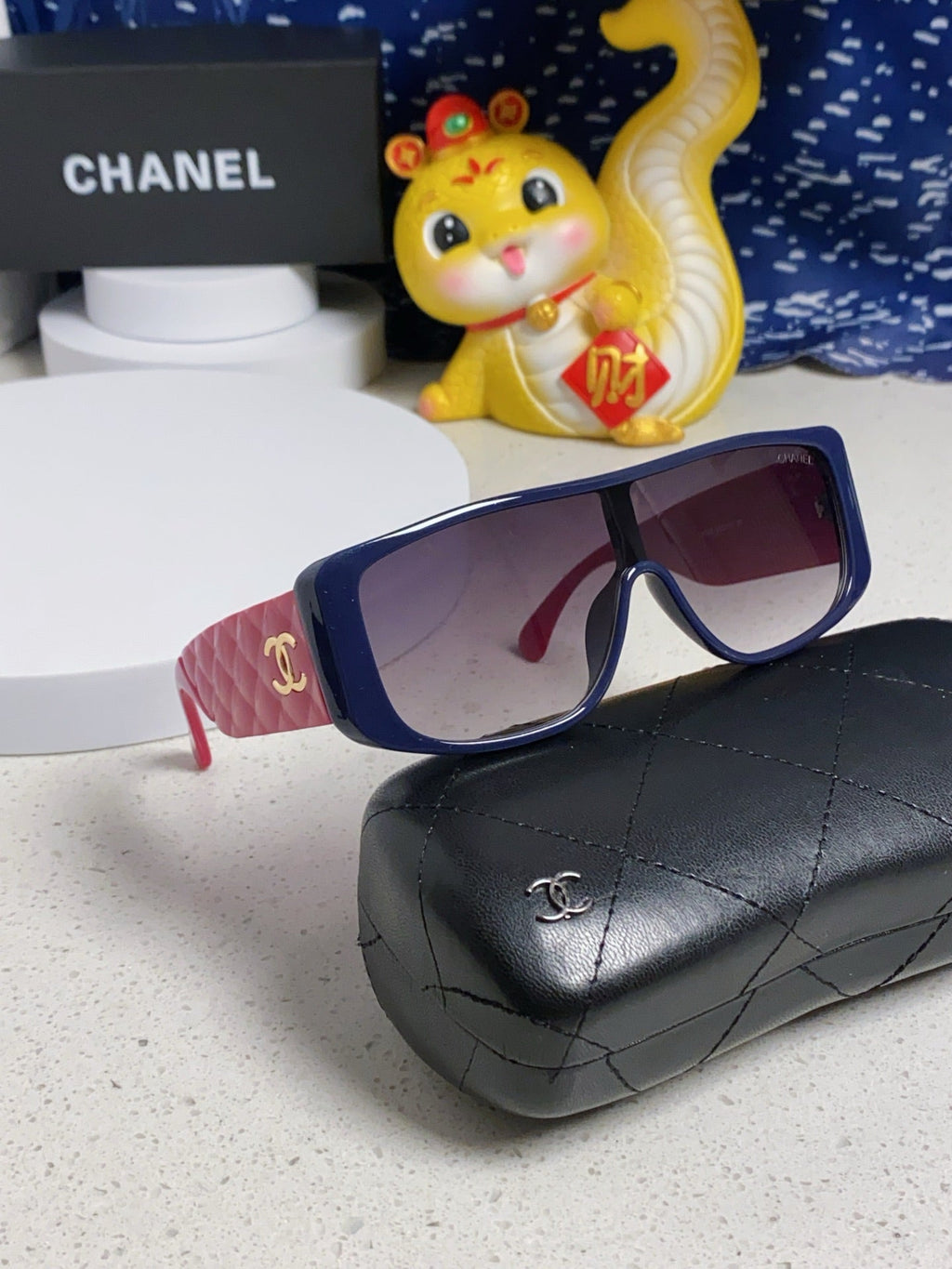 CHANEL SQUARE SUNGLASSES 641780 IN BLUE ACETATE PINK FRAME