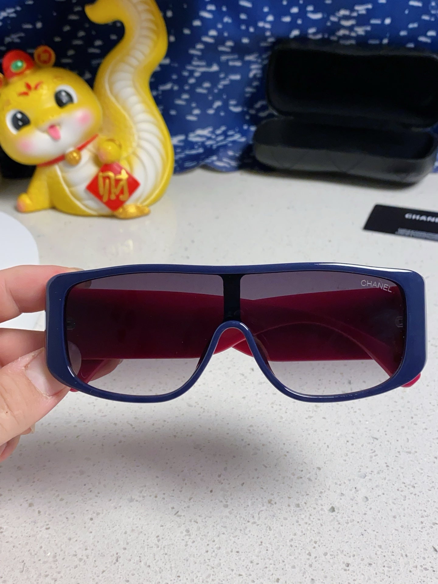 CHANEL SQUARE SUNGLASSES 641780 IN BLUE ACETATE PINK FRAME