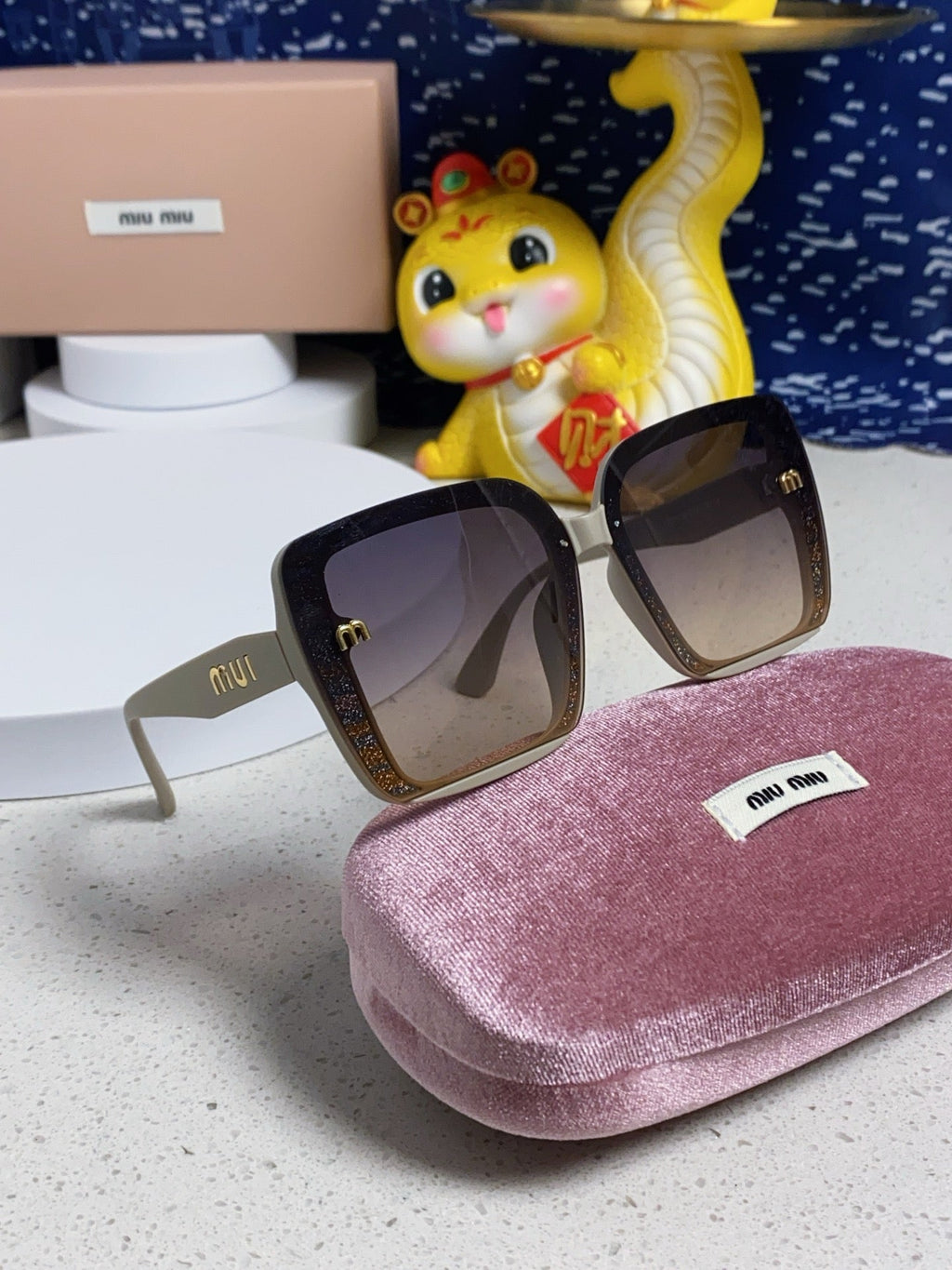 MIU MIU RUNWAY SQUARE SUNGLASSES 563196 IN BEIGE ACETATE