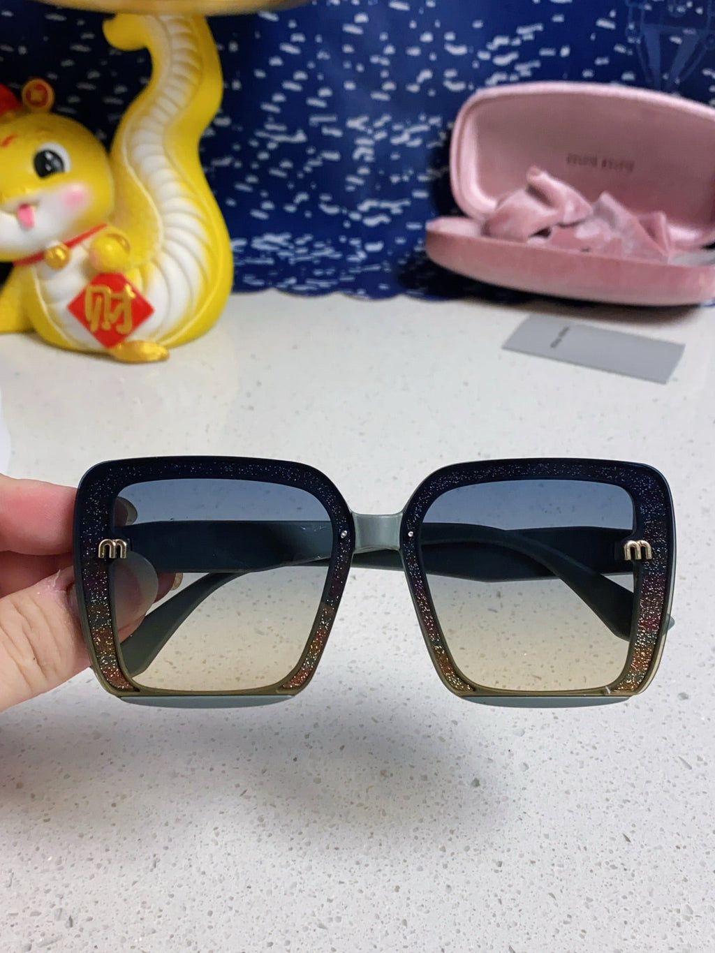 MIU MIU RUNWAY SQUARE SUNGLASSES 563197 IN TAN BLUE ACETATE