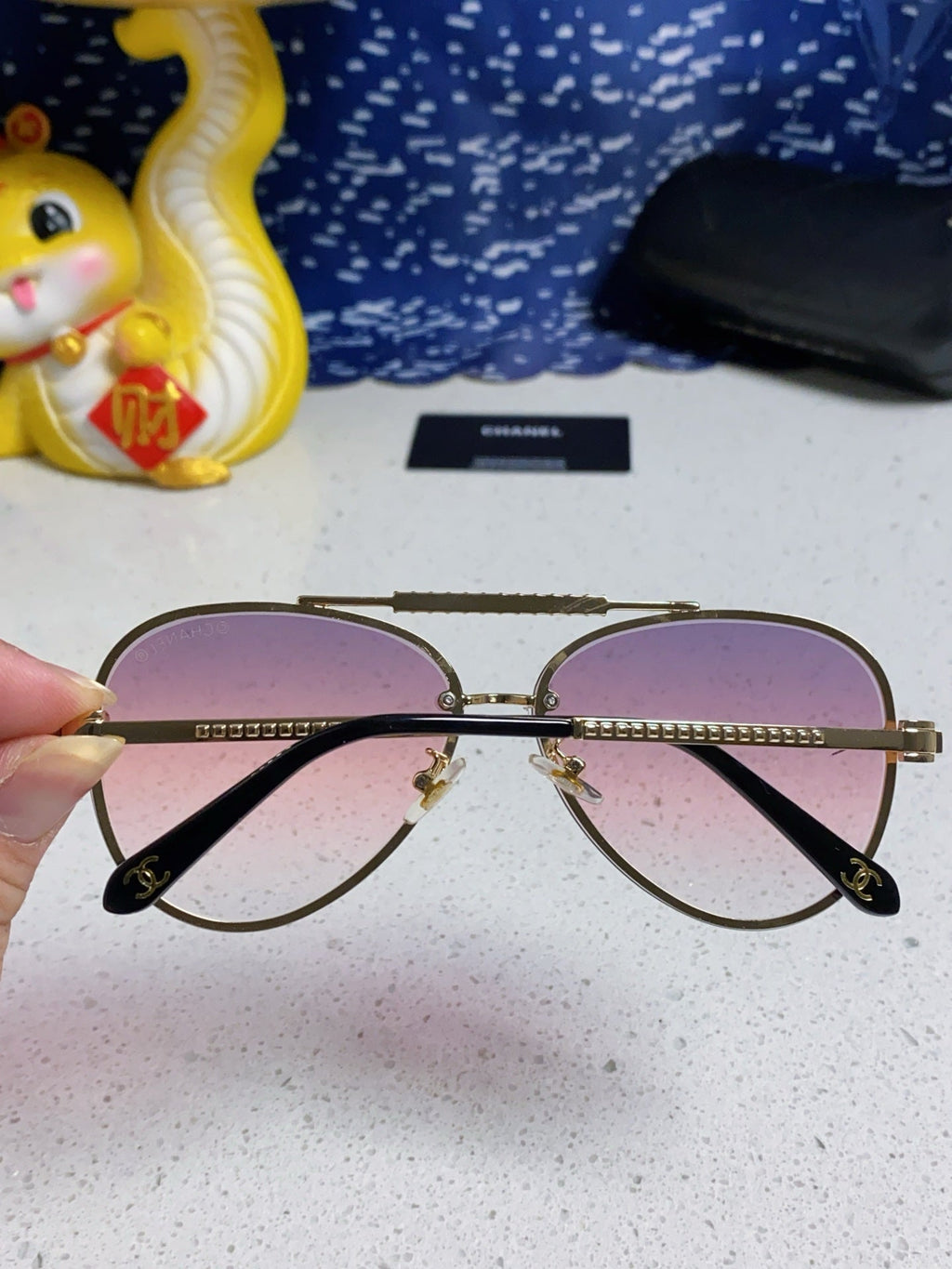 CHANEL CAT EYE SUNGLASSES 641934 IN GOLD METAL PINK SMOKE LENSES