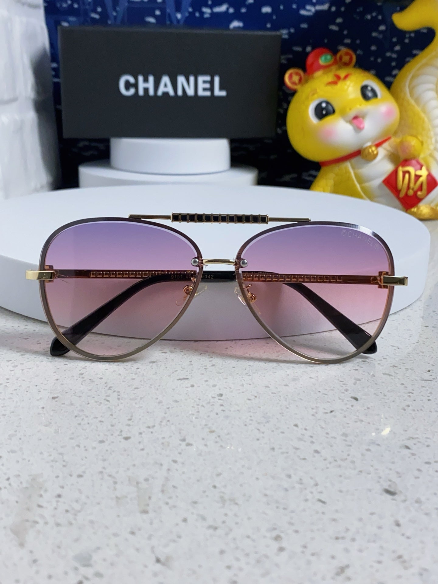 CHANEL CAT EYE SUNGLASSES 641934 IN GOLD METAL PINK SMOKE LENSES