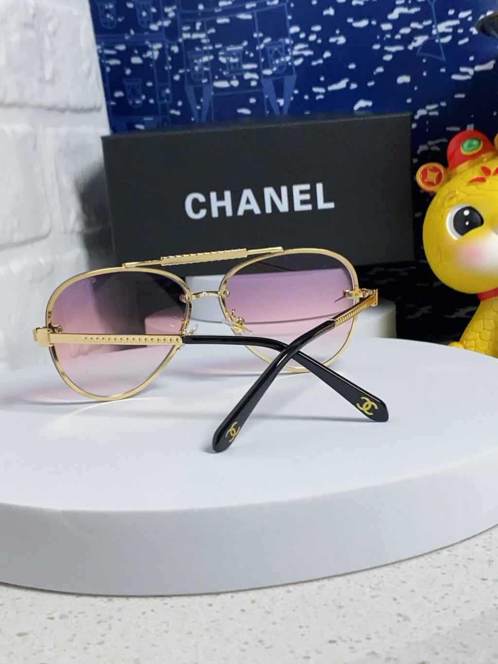 CHANEL CAT EYE SUNGLASSES 641934 IN GOLD METAL PINK SMOKE LENSES
