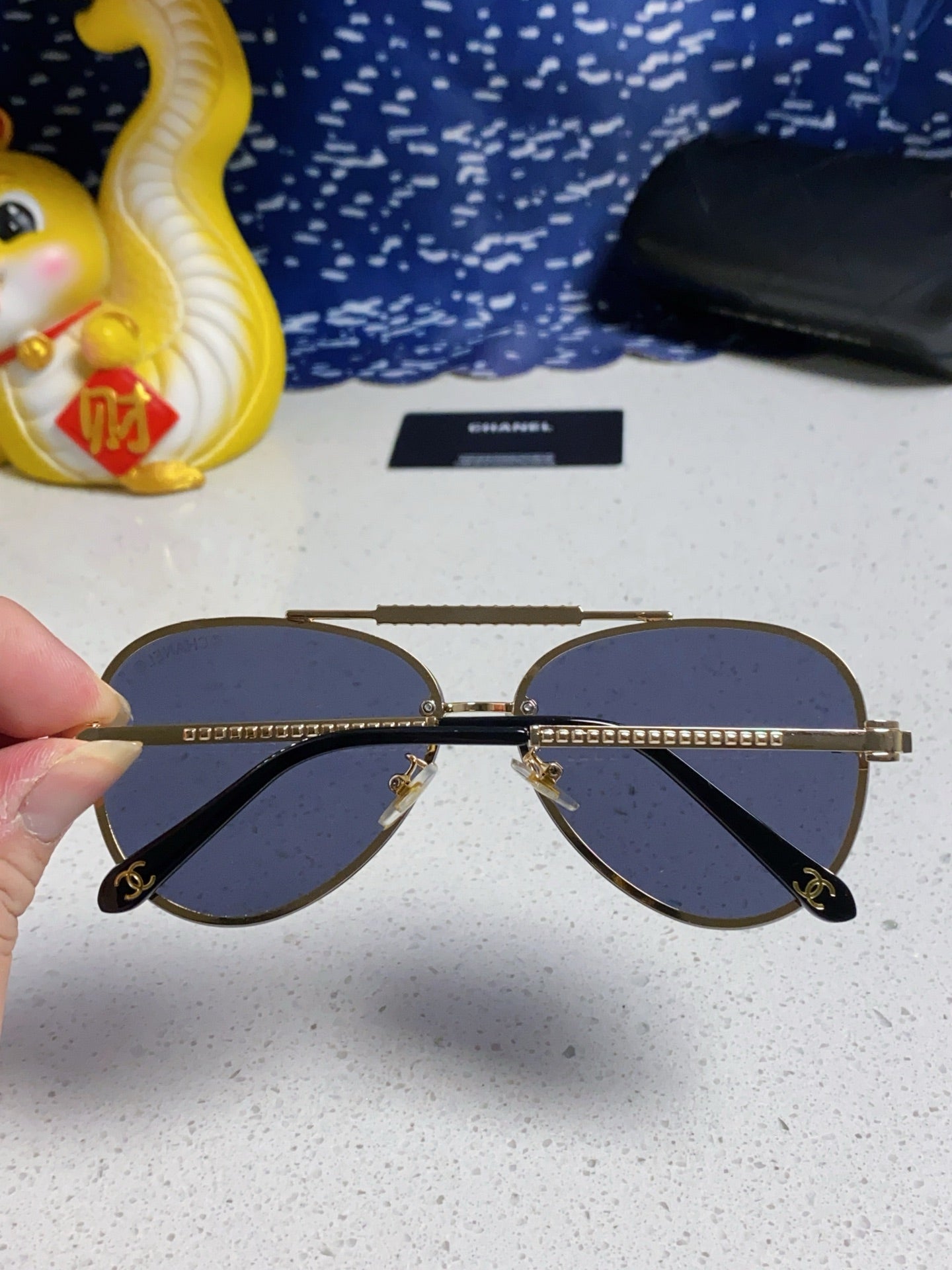 CHANEL CAT EYE SUNGLASSES 641936 IN GOLD METAL BLACK LENSES