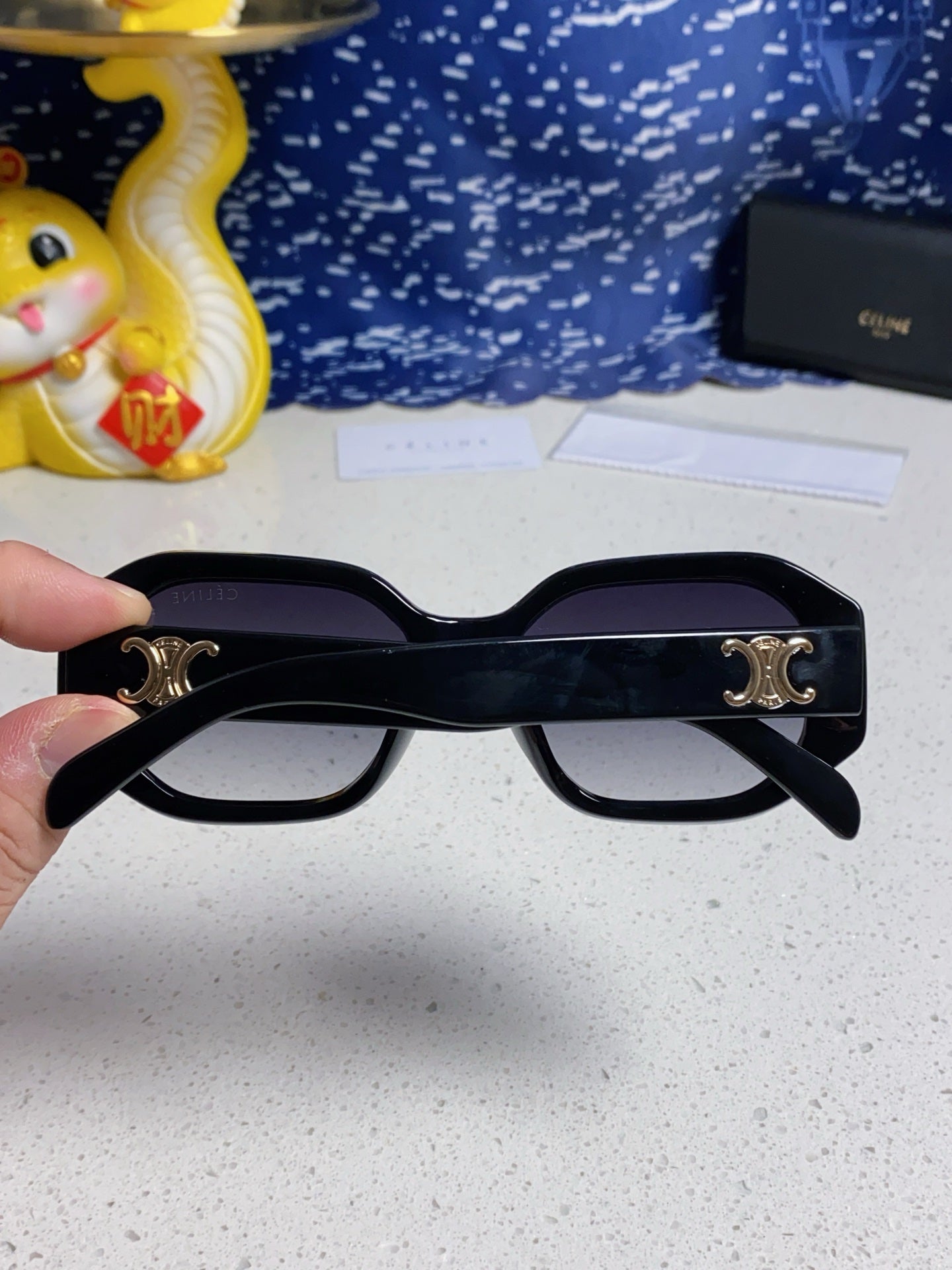 CELINE TRIOMPHE SQUARE SUNGLASSES 566743 IN BLACK ACETATE GRADIENT SMOKE LENSES