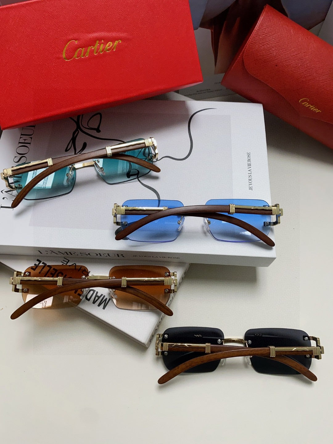 CARTIER CRYSTAL STUDDED RECTANGULAR FRAME SUNGLASSES 533159 IN METAL