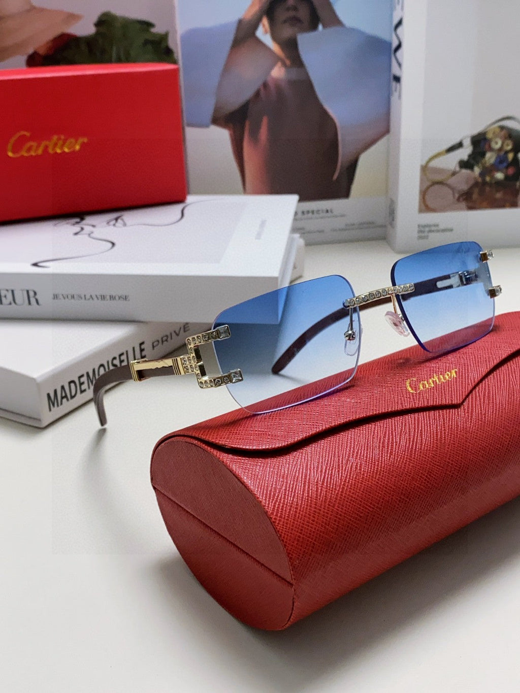 CARTIER CRYSTAL STUDDED RECTANGULAR FRAME SUNGLASSES 533159 IN METAL