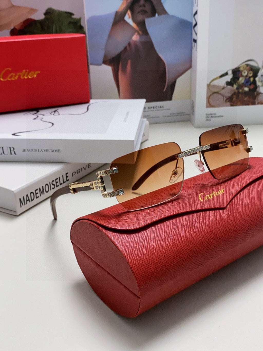 CARTIER CRYSTAL STUDDED RECTANGULAR FRAME SUNGLASSES 533159 IN METAL