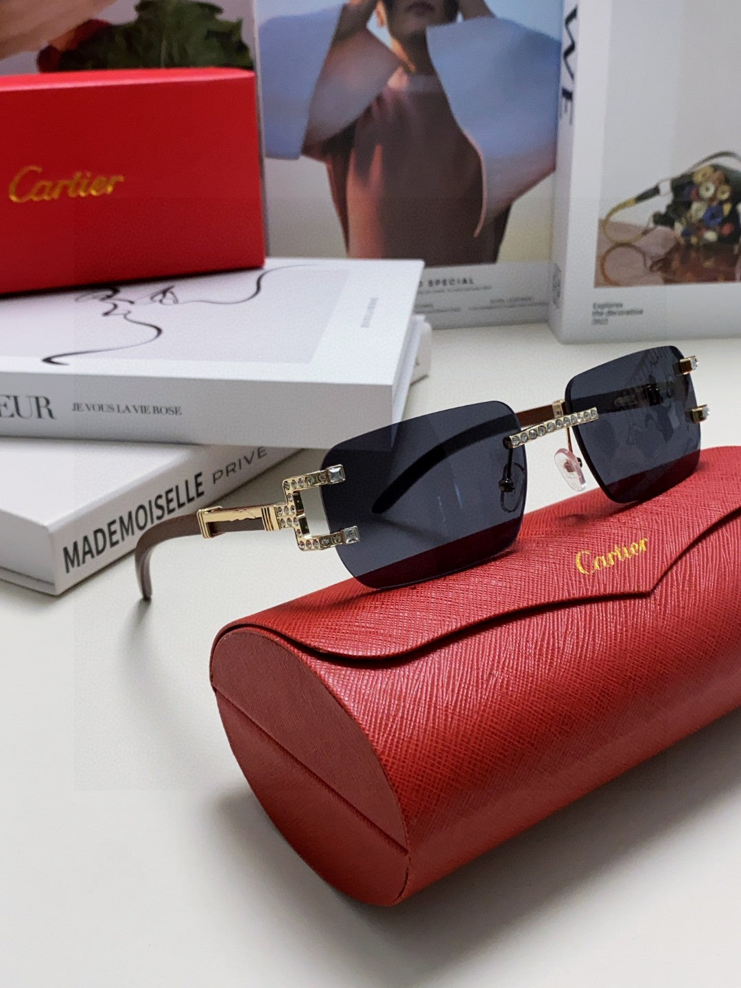 CARTIER CRYSTAL STUDDED RECTANGULAR FRAME SUNGLASSES 533159 IN METAL