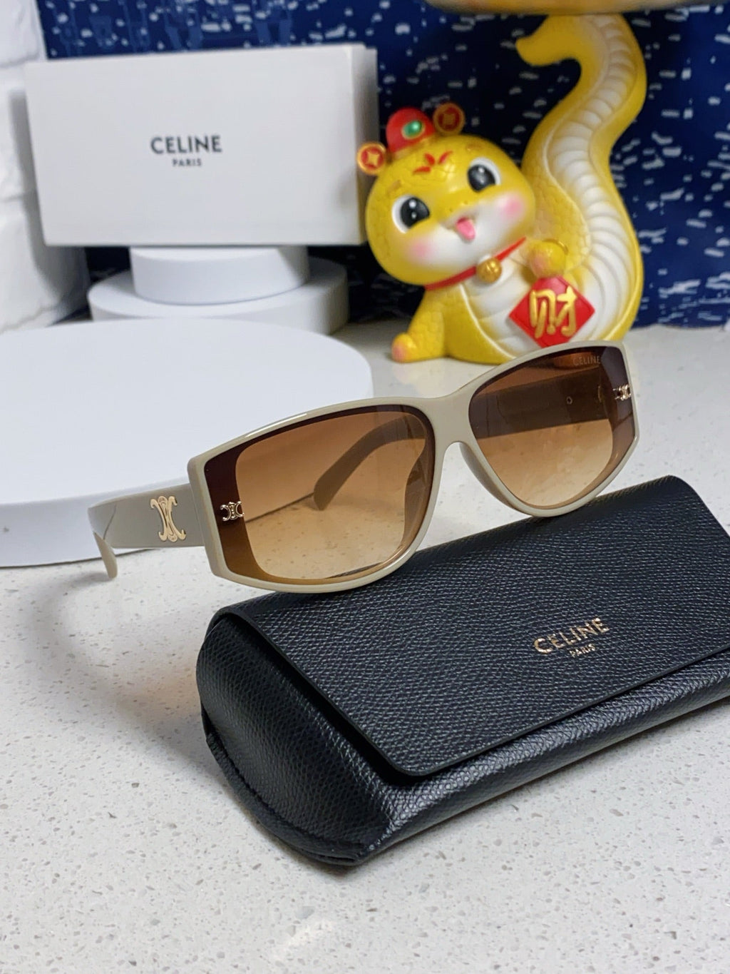 CELINE TRIOMPHE SUNGLASSES 533218 IN IVORY ACETATE CAMEL LENSES