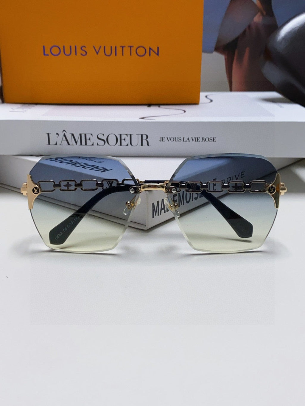 LOUIS VUITTON CHAIN SQUARE SUNGLASSES 570259 IN GOLD METAL GREY YELLOW SMOKE LENS