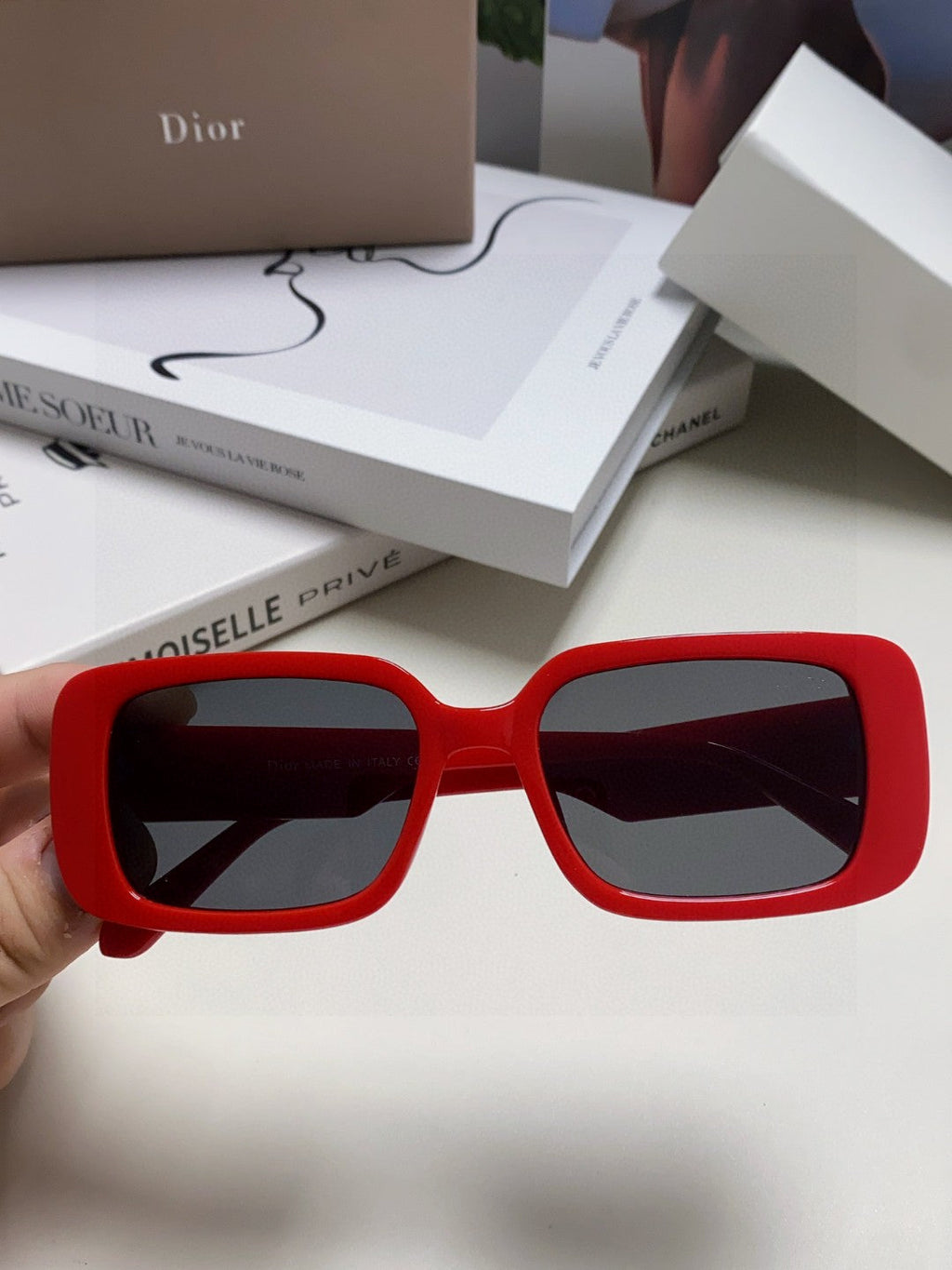 DIOR MONTAIGNE SUNGLASSES 571592 IN RED ACETATE TEXT LOGO