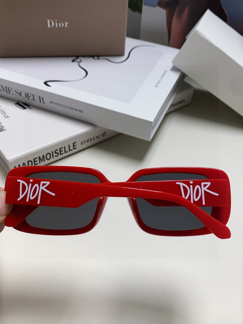 DIOR MONTAIGNE SUNGLASSES 571592 IN RED ACETATE TEXT LOGO