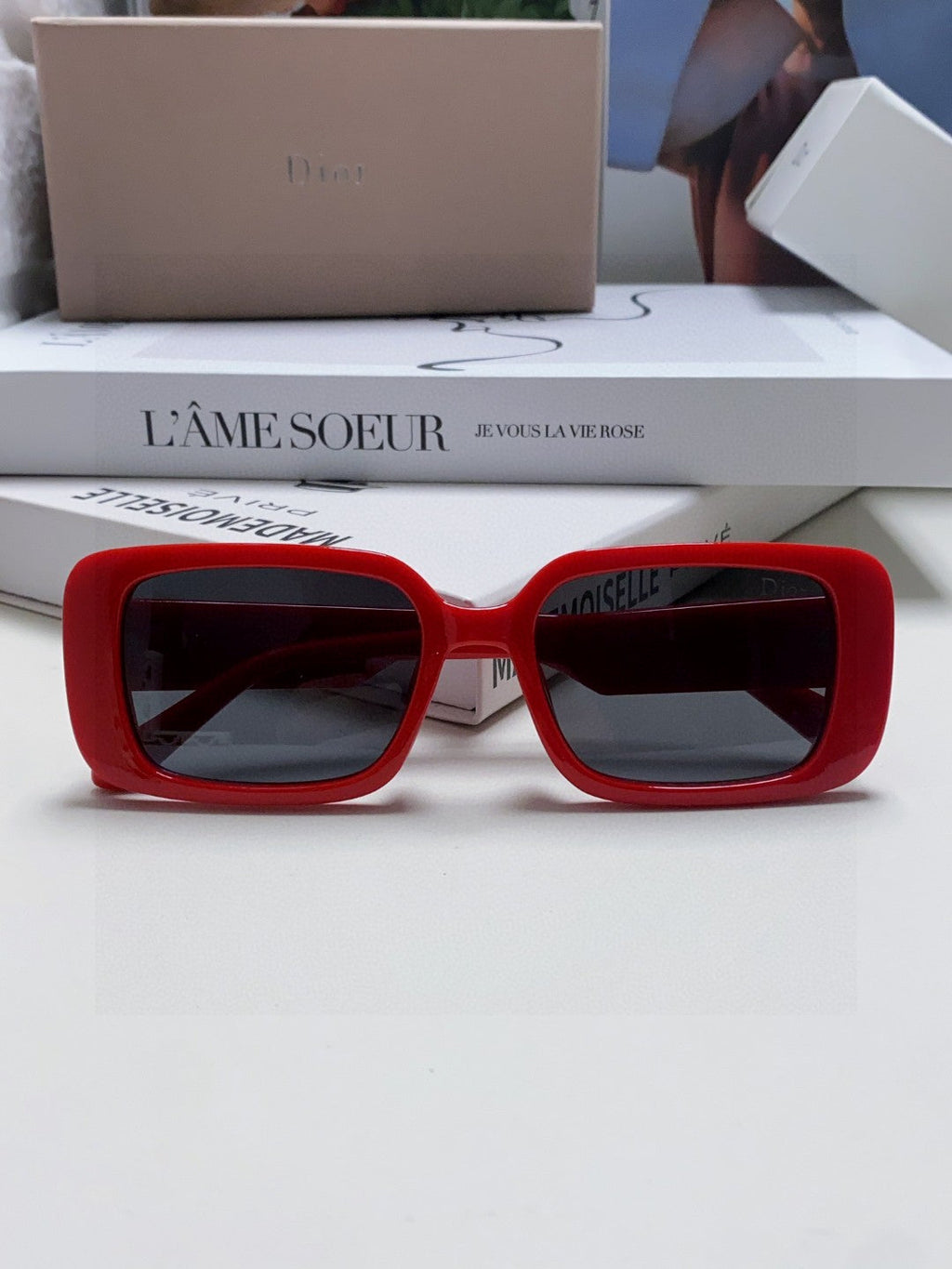 DIOR MONTAIGNE SUNGLASSES 571592 IN RED ACETATE TEXT LOGO