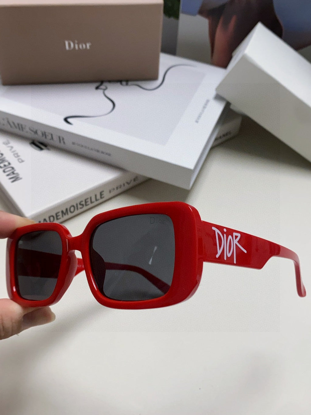 DIOR MONTAIGNE SUNGLASSES 571592 IN RED ACETATE TEXT LOGO