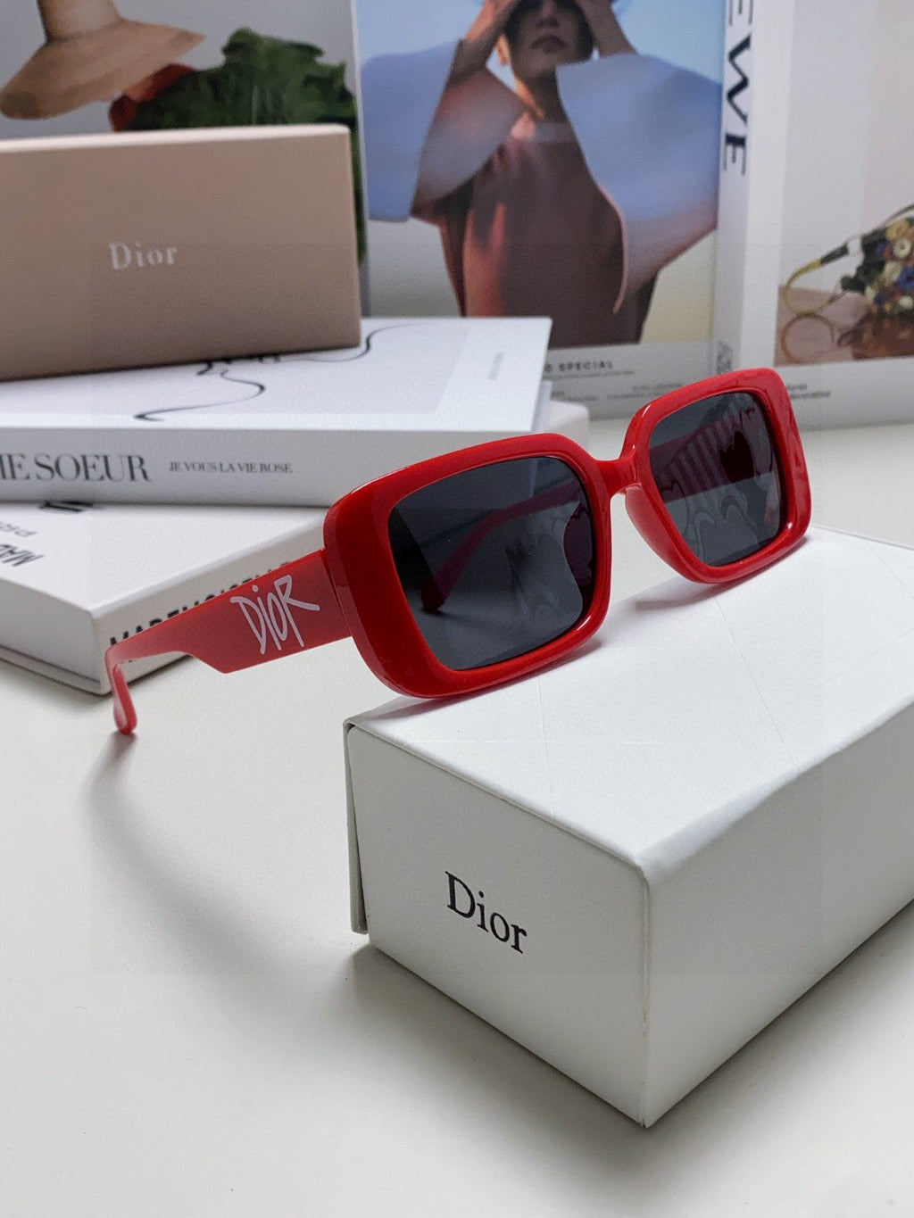 DIOR MONTAIGNE SUNGLASSES 571592 IN RED ACETATE TEXT LOGO