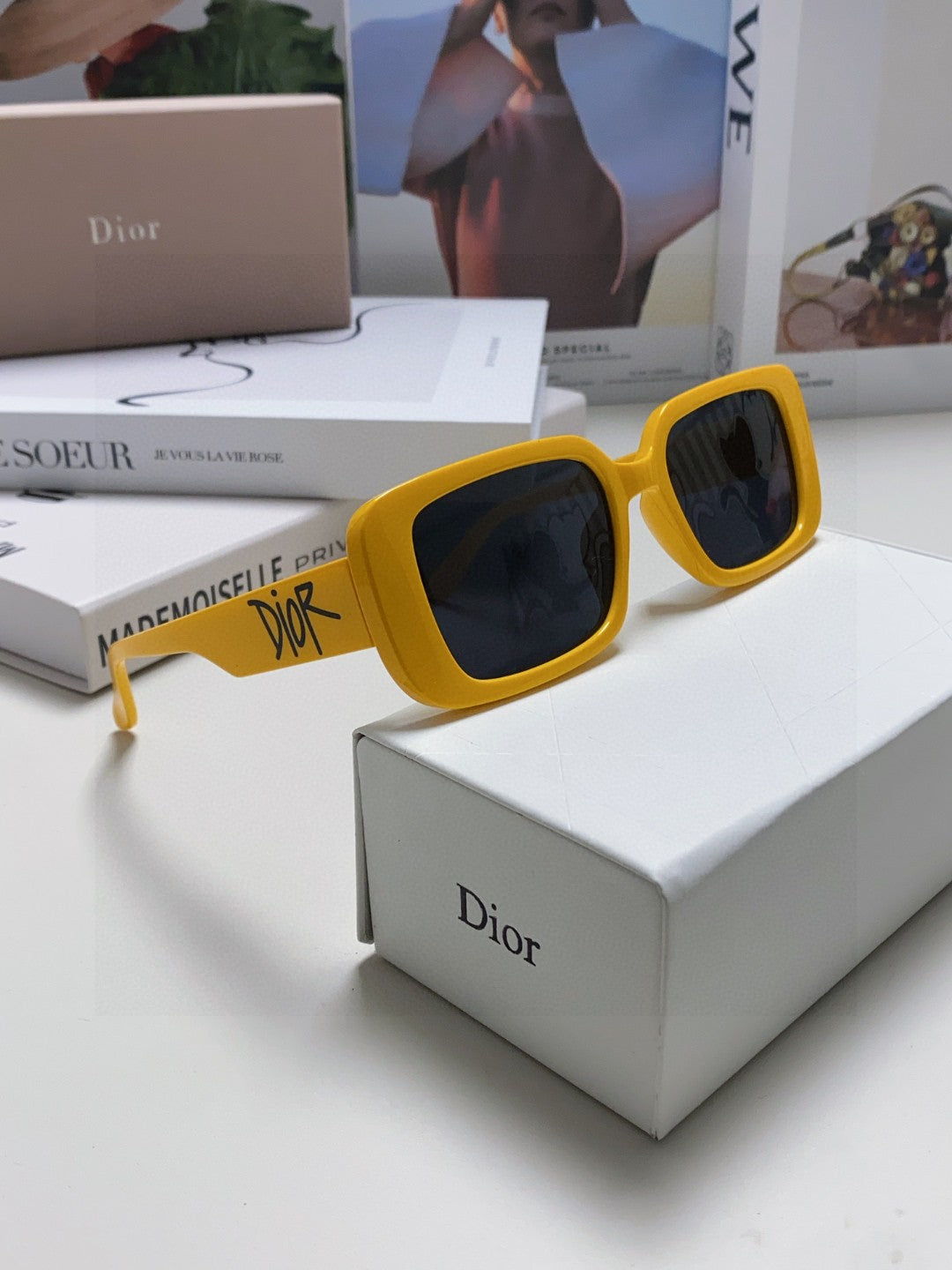 DIOR MONTAIGNE SUNGLASSES 571593 IN YELLOW ACETATE TEXT LOGO