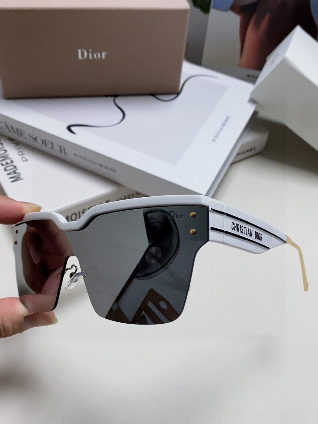 DIOR OBLIQUE SUNGLASSES 571600 IN WHITE METAL BLACK MIRROR LENSES
