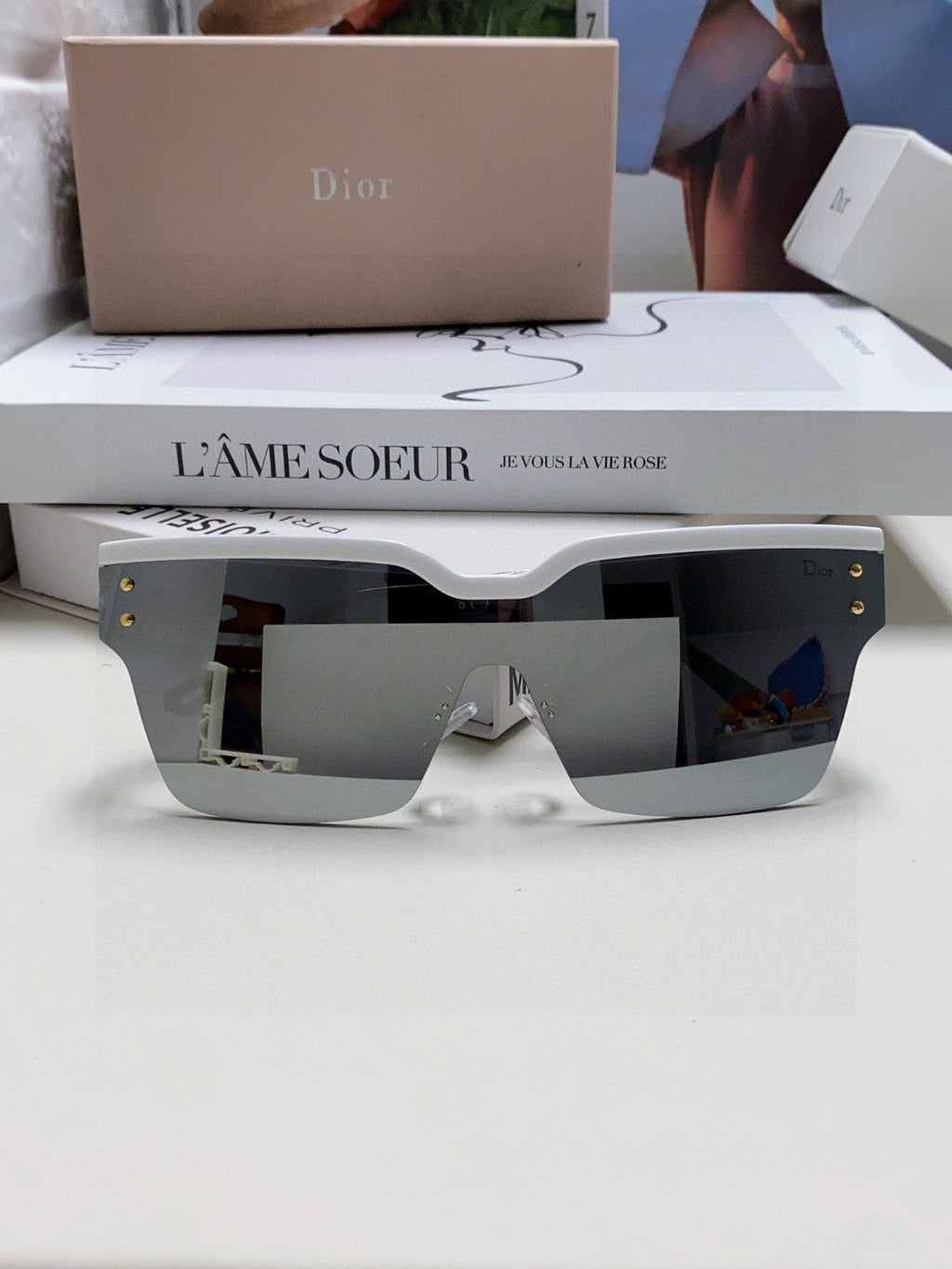 DIOR OBLIQUE SUNGLASSES 571600 IN WHITE METAL BLACK MIRROR LENSES