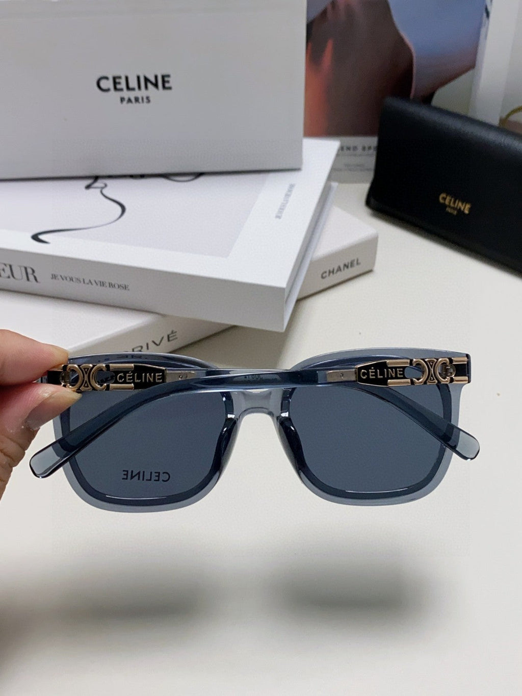 CELINE TRIOMPHE SUNGLASSES 573249 IN NAVY BLUE ACETATE METAL LOGO