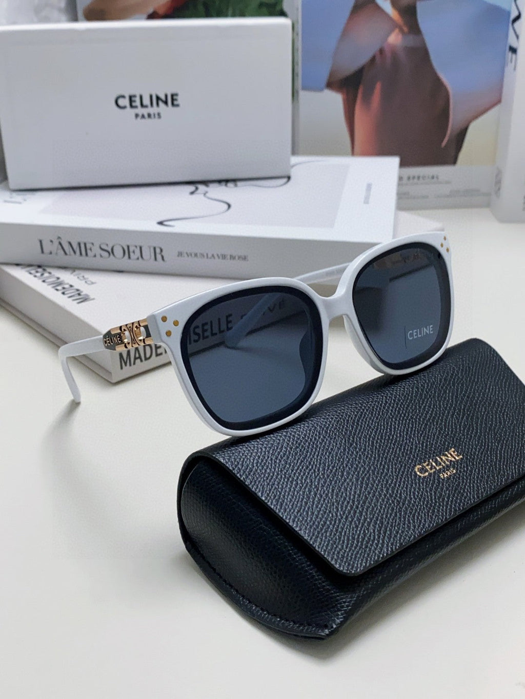 CELINE TRIOMPHE SUNGLASSES 573250 IN WHITE ACETATE METAL LOGO
