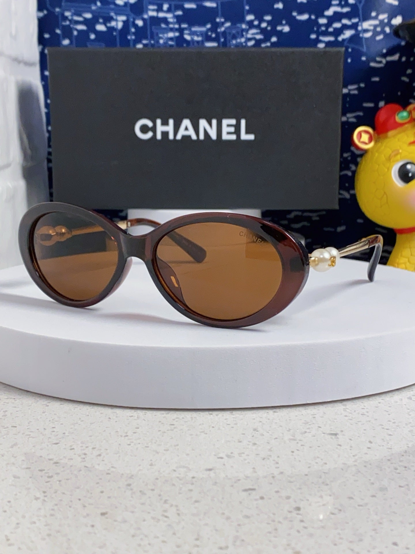 CHANEL OVAL SUNGLASSES 640342 IN BROWN CLEAR ACETATE METAL FRAME