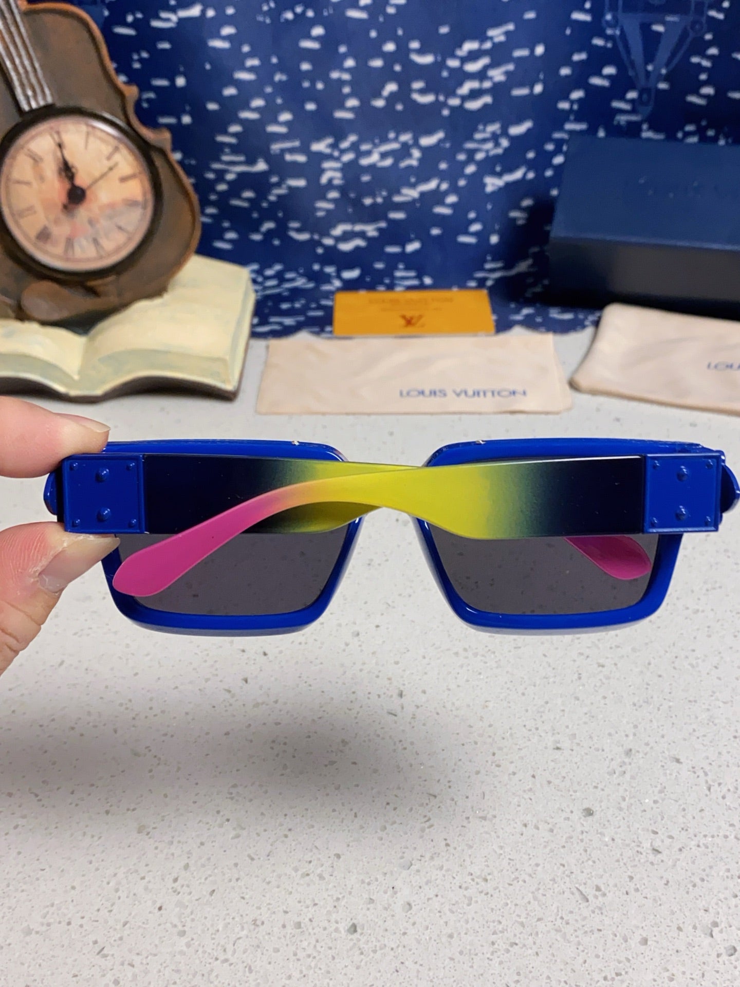 LOUIS VUITTON RECTANGLE SUNGLASSES 575847 IN BLUE MIX MULTICOLOR ACETATE