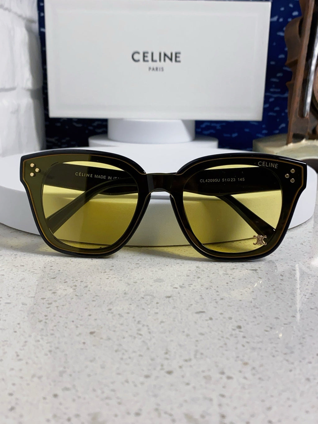 CELINE SQUARE SUNGLASSES 575840 IN BLACK ACETATE GREEN LENSES